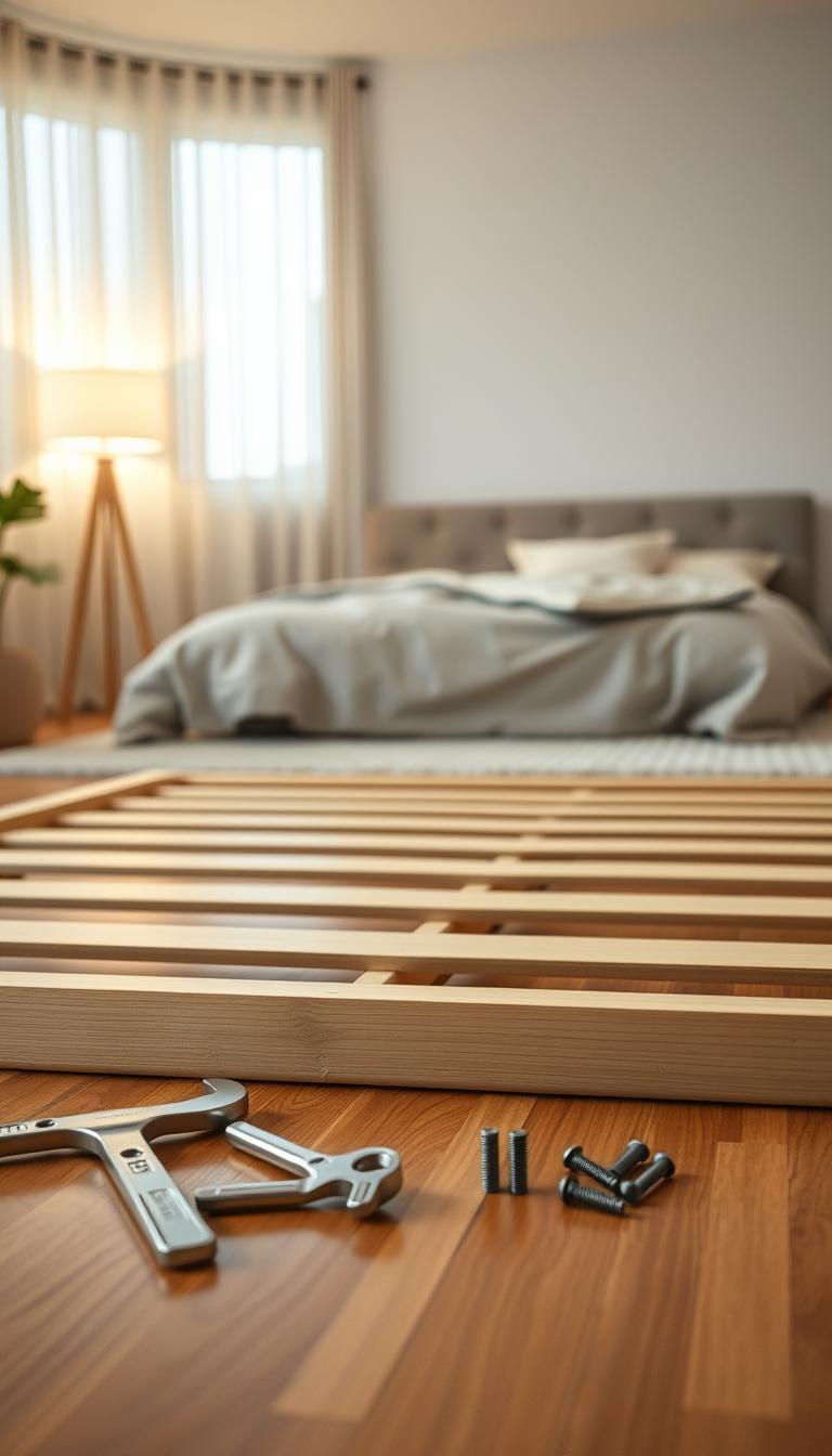 A close-up view of an assembled slatted bed base designed for a queen-sized Ikea bed frame, resting on a polished wooden floor. The slats are evenly spaced, showcasing their sleek, minimalist design. In the foreground, a set of assembly tools, including a wrench and screws, are neatly arranged, hinting at the assembly process. The middle ground features the bed base prominently outlined against a softly lit, modern bedroom setting with neutral-colored walls and a soft rug, creating a cozy atmosphere. The background includes a softly glowing lamp and a window with sheer curtains allowing natural light to filter in, enhancing the photorealistic quality of the scene. The mood is warm and inviting, suggesting a thorough and approachable assembly experience.