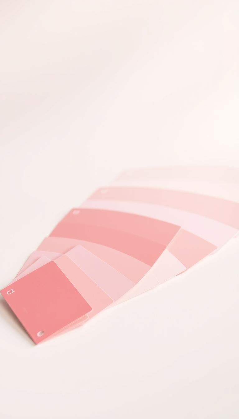 A collection of light pink color codes displayed artistically on a clean, minimalist backdrop. In the foreground, several color swatches showcasing various shades of light pink, such as pastel pink, blush, and baby pink, arranged neatly in descending order by hue. In the middle, a subtle gradient transitions through the shades, creating a visually pleasing flow. The background is a soft, slightly blurred white that enhances the pink hues without distraction. Soft lighting with a warm tone bathes the scene, giving it a soothing, inviting ambiance. The overall composition conveys a sense of tranquility and elegance, perfect for illustrating the calming effects of light pink in interior design. Super high resolution for detailed viewing. A collection of light pink color codes displayed artistically on a clean, minimalist backdrop. In the foreground, several color swatches showcasing various shades of light pink, such as pastel pink, blush, and baby pink, arranged neatly in descending order by hue. In the middle, a subtle gradient transitions through the shades, creating a visually pleasing flow. The background is a soft, slightly blurred white that enhances the pink hues without distraction. Soft lighting with a warm tone bathes the scene, giving it a soothing, inviting ambiance. The overall composition conveys a sense of tranquility and elegance, perfect for illustrating the calming effects of light pink in interior design. Super high resolution for detailed viewing.