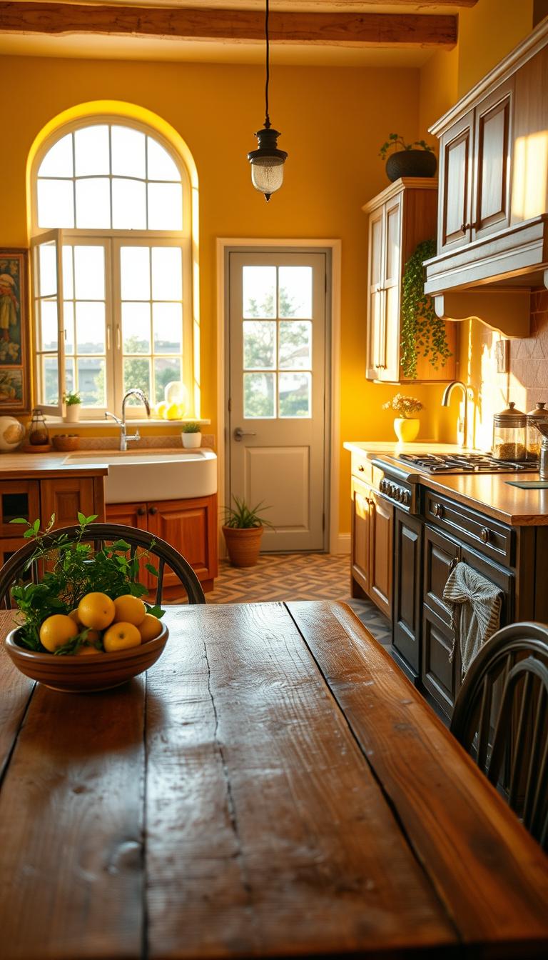 A cozy Mediterranean kitchen with vibrant yellow walls, featuring rustic wooden cabinets and bright white accents. In the foreground, a traditional wooden dining table is set with fresh herbs and a bowl of lemons, capturing a warm, inviting atmosphere. The middle ground shows vintage ceramic tiles on the floor and large windows that let in soft, diffused natural light. In the background, potted plants and colorful artwork enhance the coastal warmth. The scene is bathed in golden hour lighting, creating a serene and welcoming mood. The lens captures a wide angle, emphasizing the spaciousness and charm of this Tuscan-inspired kitchen. Perfectly photorealistic, highlighting textures and rich colors in high definition.