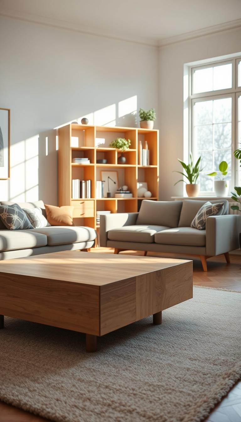 A cozy Scandinavian living room featuring iconic furniture pieces. In the foreground, a sleek, light oak coffee table with clean lines rests on a soft, neutral-hued rug. A stylish, minimalist sofa in a muted color is adorned with geometric patterned cushions. In the middle, a well-lit wooden bookcase showcases various design books and carefully chosen decor items, emphasizing functionality and simplicity. The background features a large window allowing natural light to flood the space, accentuating the airy, serene atmosphere. Gentle shadows play across the walls, and potted green plants add a touch of nature. The overall mood is warm and inviting, capturing the essence of Scandinavian design with a photorealistic touch.