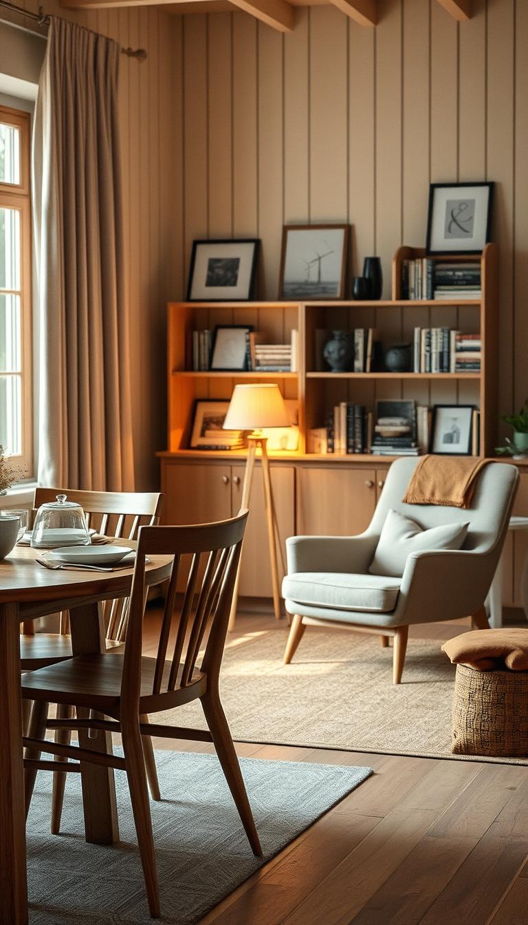 A cozy Scandinavian living room from the early 20th century, showcasing classic design elements. In the foreground, a beautifully crafted wooden dining table surrounded by minimalist chairs, set with elegant tableware. In the middle ground, a vintage armchair upholstered in soft fabric, positioned next to a tall window with natural light streaming in, highlighting the textures of the wood and textiles. Behind, a shelf filled with iconic Scandinavian design books and art pieces, including a mid-century lamp casting a warm glow. The atmosphere is inviting and serene, reflecting the essence of Scandinavian simplicity with a focus on functionality. The image should be photorealistic, with a soft focus on the background and a bright yet cozy lighting setup to enhance the sense of history and charm. A cozy Scandinavian living room from the early 20th century, showcasing classic design elements. In the foreground, a beautifully crafted wooden dining table surrounded by minimalist chairs, set with elegant tableware. In the middle ground, a vintage armchair upholstered in soft fabric, positioned next to a tall window with natural light streaming in, highlighting the textures of the wood and textiles. Behind, a shelf filled with iconic Scandinavian design books and art pieces, including a mid-century lamp casting a warm glow. The atmosphere is inviting and serene, reflecting the essence of Scandinavian simplicity with a focus on functionality. The image should be photorealistic, with a soft focus on the background and a bright yet cozy lighting setup to enhance the sense of history and charm.
