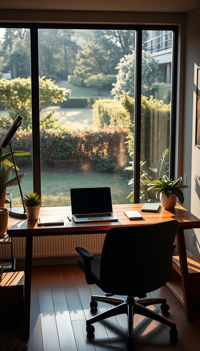 A cozy and modern home office with a wooden desk placed strategically near a large window, allowing natural light to flood the space. In the foreground, the desk is adorned with a neatly arranged laptop, a stylish desk lamp, and scattered stationery. The middle ground features a comfortable ergonomic chair, and greenery in pots that add a touch of life. The background showcases an expansive view through the window, displaying a serene garden with soft sunlight filtering in, creating warm highlights across the room. The atmosphere is tranquil and productive, evoking a sense of focus and calmness, captured with high-definition photorealism. The composition uses a slight angle to enhance depth, emphasizing the smart desk placement in relation to natural light and glare.