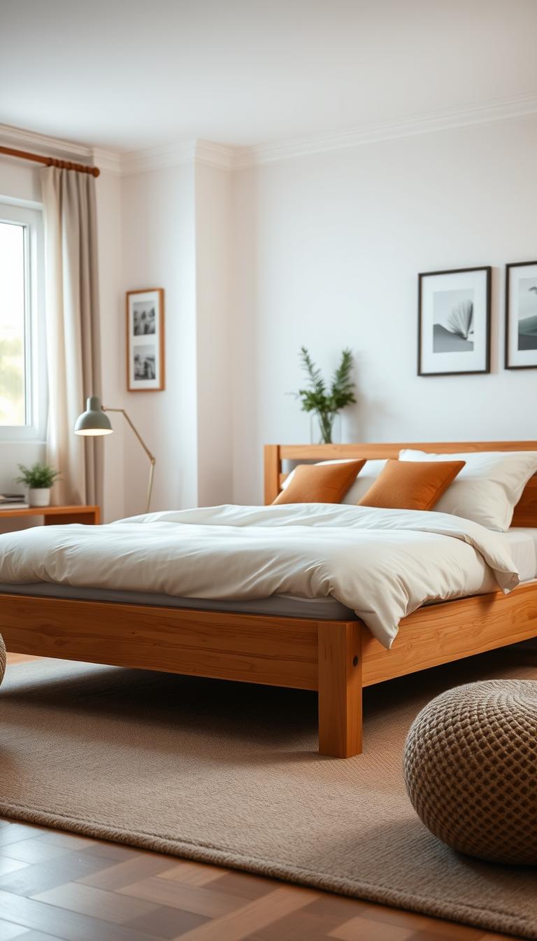 A cozy and modern queen-sized Ikea bed frame, beautifully assembled in a tastefully decorated bedroom. The focus is on the sturdy wooden frame showcasing clean lines and a minimalist design. Soft, natural light filters in through a nearby window, creating a warm, inviting atmosphere. In the foreground, plush bedding in neutral tones is neatly arranged, while decorative pillows add a pop of color. The middle ground features a stylish bedside table with a contemporary lamp and a small plant, enhancing the serene setting. In the background, light pastel walls and cozy decor create a soothing ambiance. The scene captures a sense of comfort and stability, ideal for daily use, presented from a slightly elevated angle to emphasize the bed's structure and inviting nature.