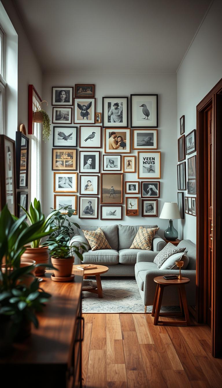 A cozy and stylish gallery wall in a small apartment, showcasing a curated collection of framed art pieces, photographs, and wall decor. The foreground features a rich wooden shelf adorned with potted plants and decorative items. The middle ground reveals the gallery wall itself, filled with an eclectic mix of artwork in various styles, colors, and sizes. Soft, natural lighting from a nearby window illuminates the wall, creating a warm ambiance. In the background, the small living space is perfectly arranged, featuring a comfortable sofa and a rug that ties the room together. The mood is inviting and inspiring, capturing the essence of maximizing space with creativity and ease, making it ideal for small living areas. Photorealistic, high definition, shot from an angle that captures both the wall and its environment.
