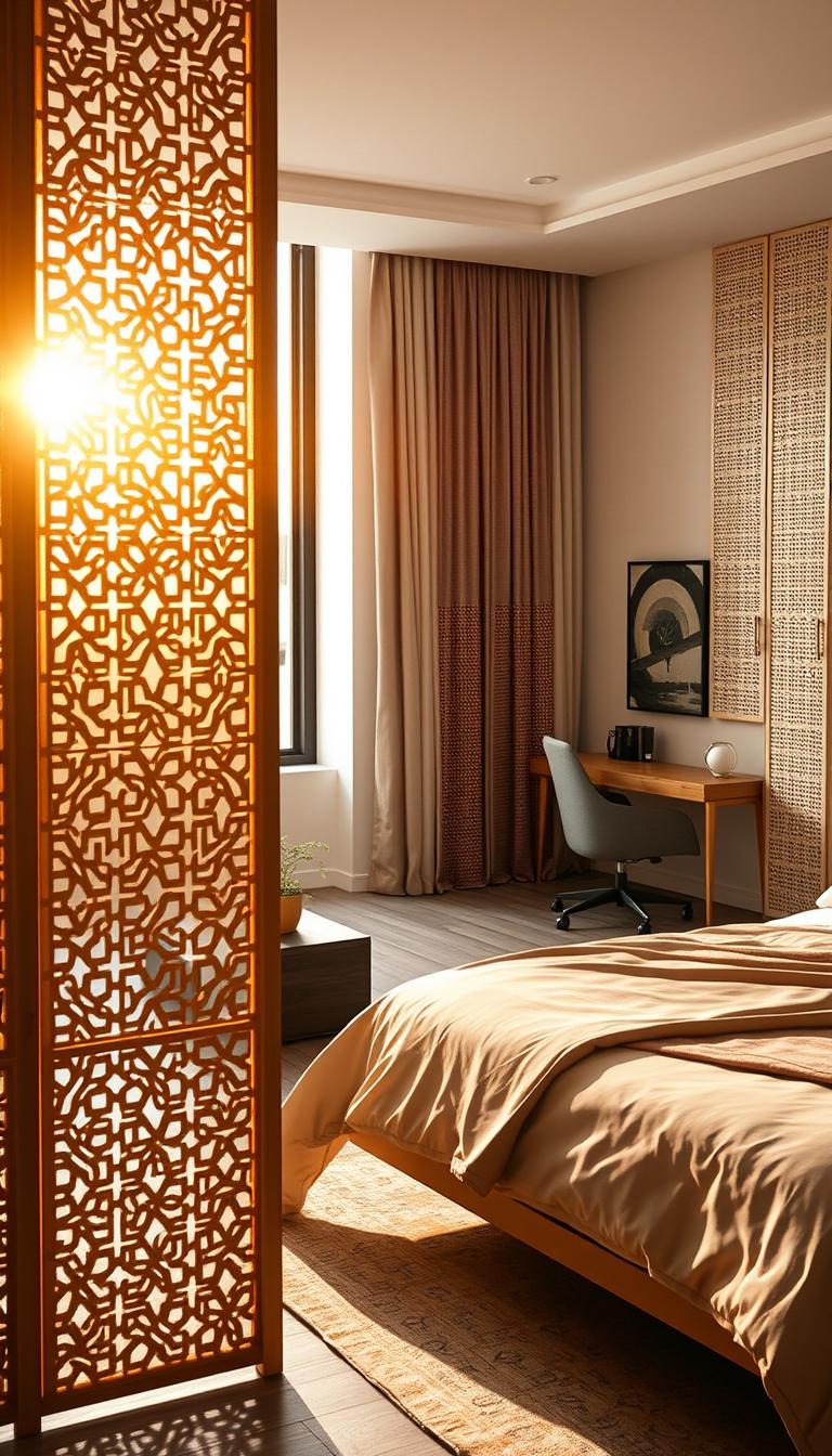 A cozy bedroom featuring a contemporary room divider made of natural wood, elegantly separating the sleeping area from a small workspace. In the foreground, the room divider showcases intricate patterns and textures, allowing soft light to filter through its slats, creating a serene ambiance. In the middle, a neatly made bed adorned with soft pastel linens sits beside a stylish nightstand with a small potted plant. A comfortable chair occupies the workspace area, accompanied by a desk that holds minimal decorative items. In the background, warm golden hour light filters through a large window, casting gentle shadows on the floor and giving the room a tranquil, inviting atmosphere. The overall mood conveys relaxation and organization, perfect for a peaceful retreat within the home.