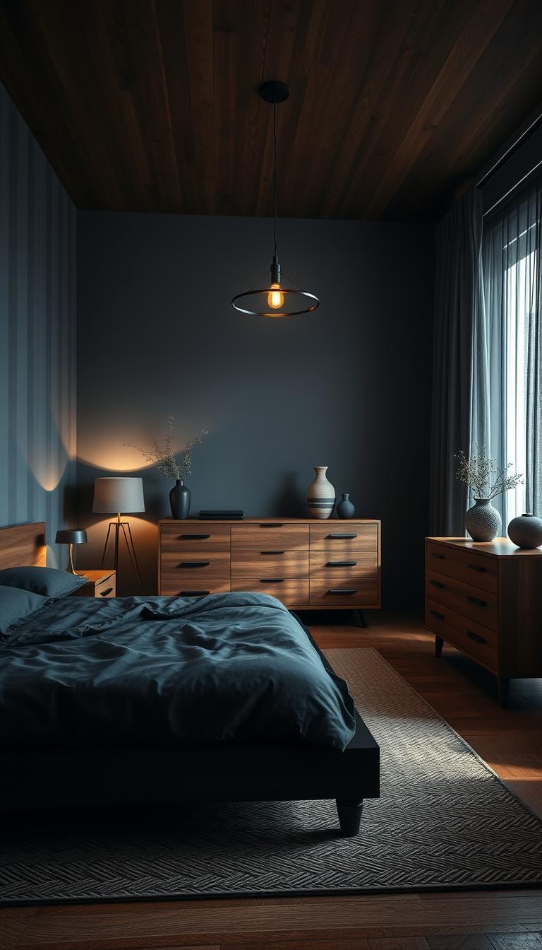 A cozy bedroom featuring black and wood accents, designed to create a warm and moody atmosphere. In the foreground, a sleek black wooden bed frame with plush black bedding is complemented by rich wooden nightstands. The middle ground showcases a stylish woven rug, adding texture, and a modern wooden dresser adorned with decorative vases. Soft, ambient lighting from a minimalist pendant light casts a gentle glow, enhancing the inviting feel. The background reveals a large window with sheer curtains, allowing natural light to filter in, illuminating the rich wood tones of the furniture. A warm color palette of blacks, deep browns, and hints of gold creates a luxurious yet soothing environment, ideal for relaxation and restful sleep. Photorealistic, high-definition image captured from a slightly elevated angle, emphasizing the harmonious blend of black and wood elements.