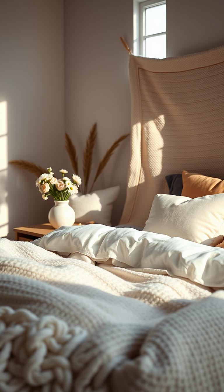 A cozy bedroom interior showcasing a harmonious blend of textures. In the foreground, a plush, layered bed with a fluffy white duvet, textured knit throw, and an array of decorative pillows in soft pastel hues. The middle ground features a wooden bedside table adorned with a simple ceramic vase holding fresh flowers and a softly glowing candle. In the background, a window allows gentle natural light to illuminate the room, casting soft shadows that enhance the warm atmosphere. The walls are painted in a soothing pale color, complemented by a textured quilt hanging as wall art. The overall mood is serene and inviting, perfect for a restful sanctuary, captured in high-definition photorealism.