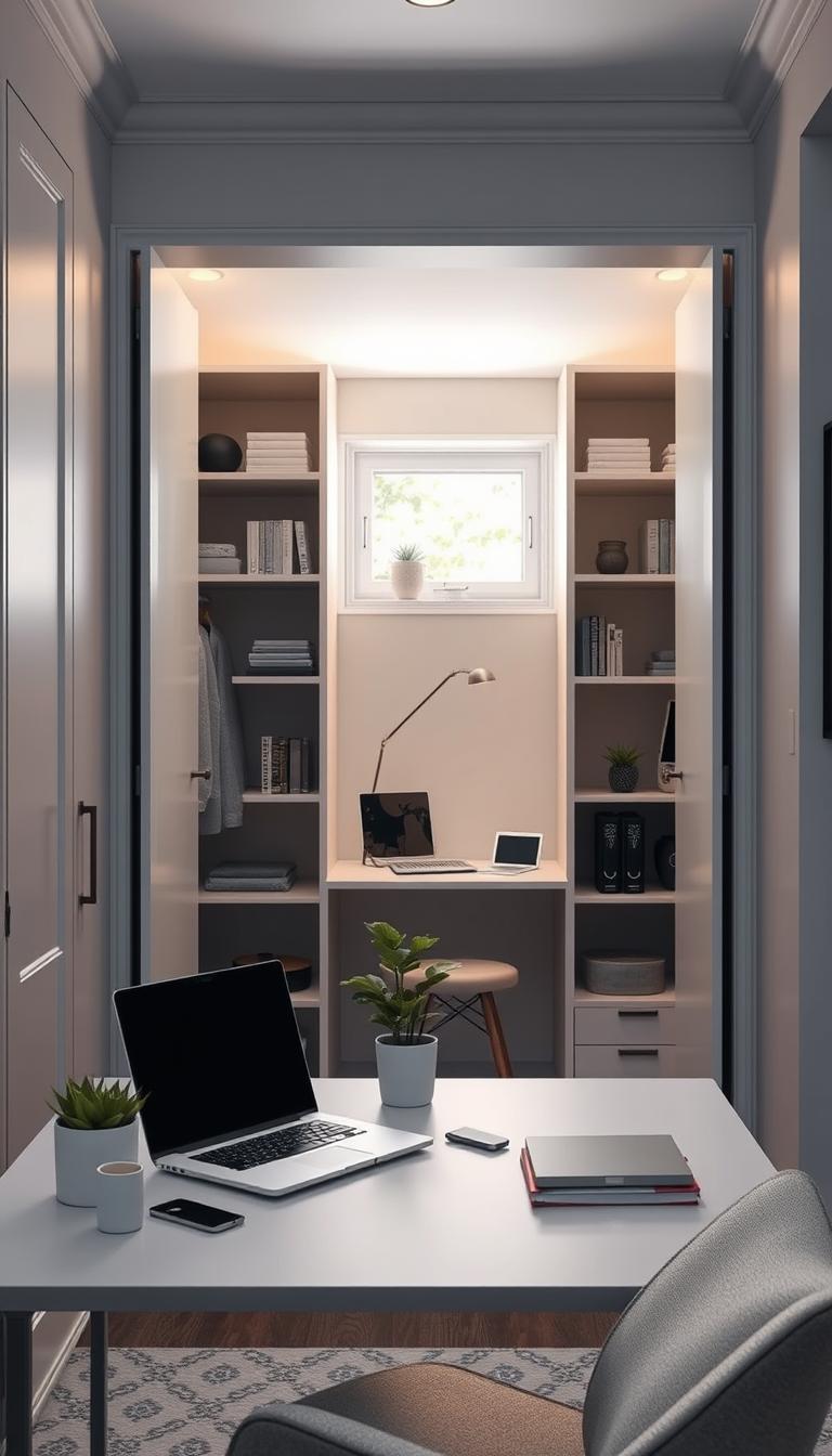 A cozy closet office design, featuring a compact workspace cleverly integrated within a stylish wardrobe. In the foreground, a minimalist desk with a sleek laptop, modern stationery, and a potted plant that adds a touch of greenery. The middle ground showcases open shelves filled with neatly arranged books and decorative items, while the closet doors are subtly opened, revealing the office space within. Soft, ambient lighting illuminates the area, creating a warm and inviting atmosphere. Natural light filters through a small window in the background, highlighting the neutral color palette of soft greys and whites. The overall mood conveys productivity and tranquility, ideal for a hidden workspace that blends seamlessly into the room's design. Photorealistic high-definition quality.