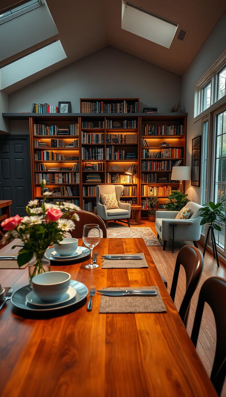 A cozy dining room seamlessly integrated into a home library. In the foreground, a wooden dining table with elegant place settings and a vase of fresh flowers, complemented by modern dining chairs. The middle ground features a beautifully designed bookshelf filled with books, softly illuminated by warm, ambient lighting. A reading nook with a comfortable armchair and a floor lamp is nestled against one wall, inviting relaxation. In the background, large windows allow natural light to filter in, highlighting the interplay of shadows and light on the wooden floors. The atmosphere is tranquil and inviting, perfect for both dining and literary exploration. The image should have a photorealistic quality, captured at eye-level, evoking a sense of warmth and creativity, while remaining free of any text or overlays. A cozy dining room seamlessly integrated into a home library. In the foreground, a wooden dining table with elegant place settings and a vase of fresh flowers, complemented by modern dining chairs. The middle ground features a beautifully designed bookshelf filled with books, softly illuminated by warm, ambient lighting. A reading nook with a comfortable armchair and a floor lamp is nestled against one wall, inviting relaxation. In the background, large windows allow natural light to filter in, highlighting the interplay of shadows and light on the wooden floors. The atmosphere is tranquil and inviting, perfect for both dining and literary exploration. The image should have a photorealistic quality, captured at eye-level, evoking a sense of warmth and creativity, while remaining free of any text or overlays.