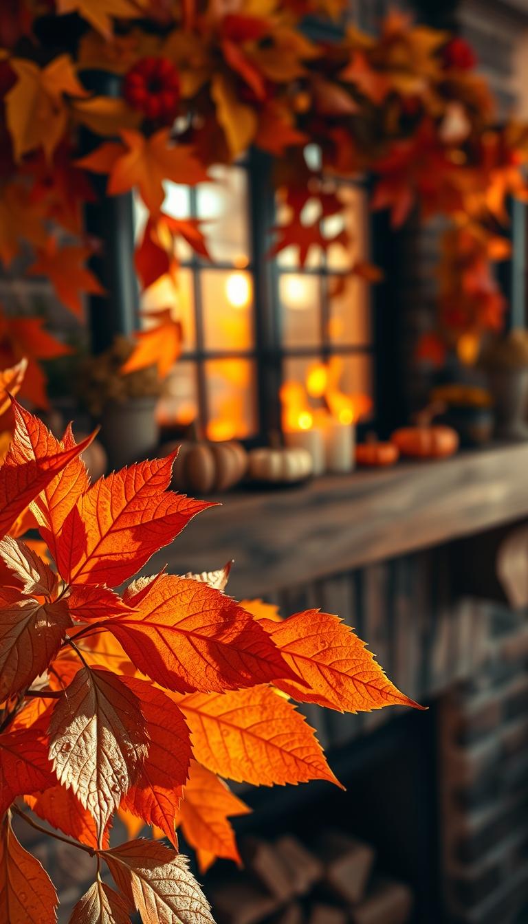 A cozy fall mantel adorned with an arrangement of vibrant autumn leaves in rich hues of orange, red, and gold, creating a warm and inviting atmosphere. In the foreground, a cluster of intricately textured leaves, some with dew drops, captures morning light, adding a soft glisten. The middle section features a rustic wooden mantel decorated with seasonal accents such as mini pumpkins and softly glowing candles. In the background, a blurred vision of a crackling fire, casting gentle, flickering light and shadows. The warm, golden hour sunlight filters through a window, enriching the colors and emphasizing the textures. The overall mood is serene and inviting, evoking the essence of a welcoming fall retreat.