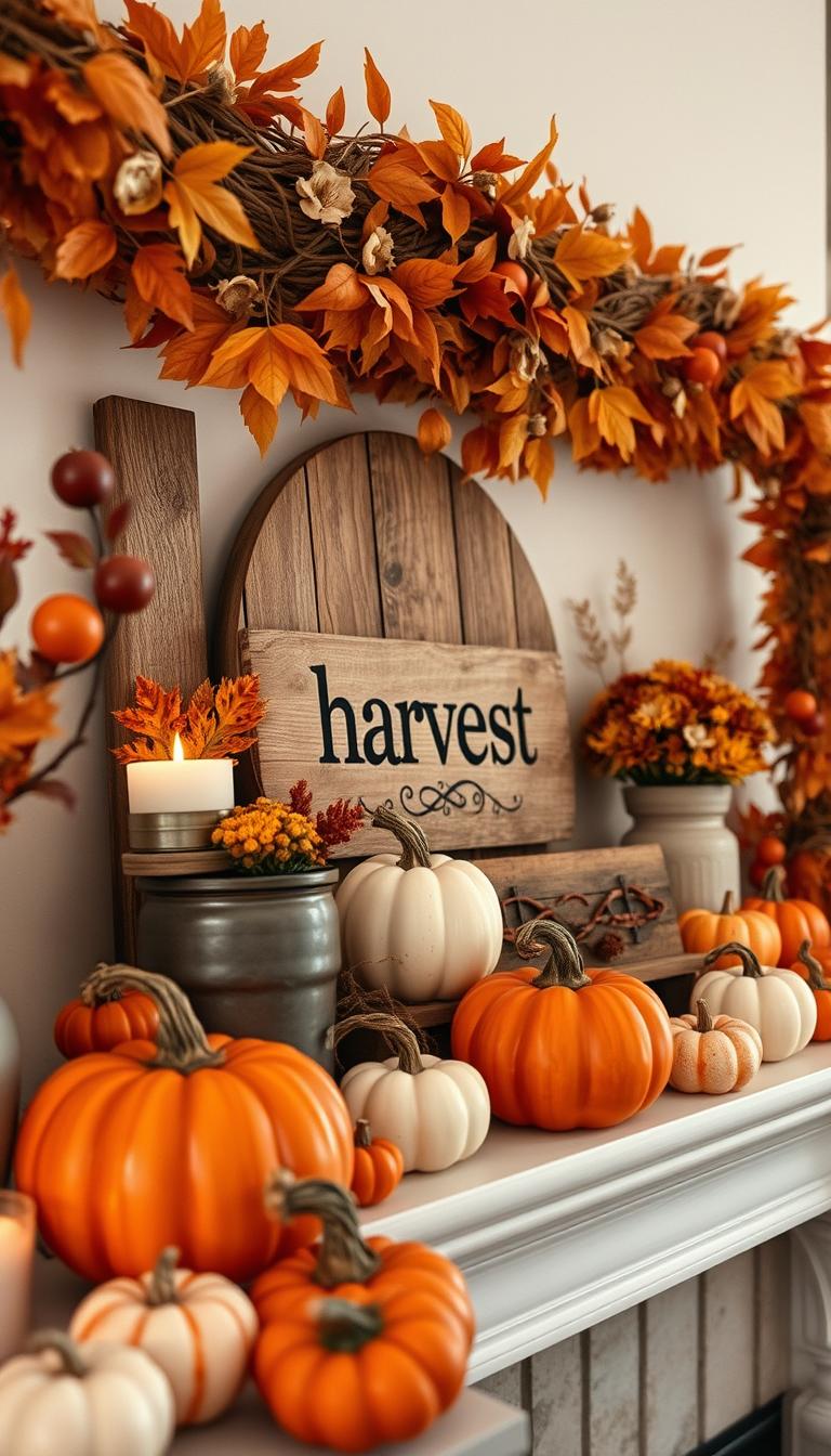 A cozy fall mantel display designed to evoke warmth and comfort, featuring an array of decorative items at varying heights for dynamic visual interest. In the foreground, there are hand-painted ceramic pumpkins in rich oranges and deep reds, interspersed with soft, flickering candlelight. The middle layer showcases rustic wooden elements, like a weathered sign saying "Harvest," flanked by small potted autumn flowers in muted tones. In the background, a beautiful woven garland composed of fall leaves drapes elegantly over the mantel, creating depth. The scene is beautifully lit with soft, warm lighting, highlighting the textures and colors, shot from a slightly elevated angle to capture the inviting ambiance of the setting, perfect for a cozy autumn evening.