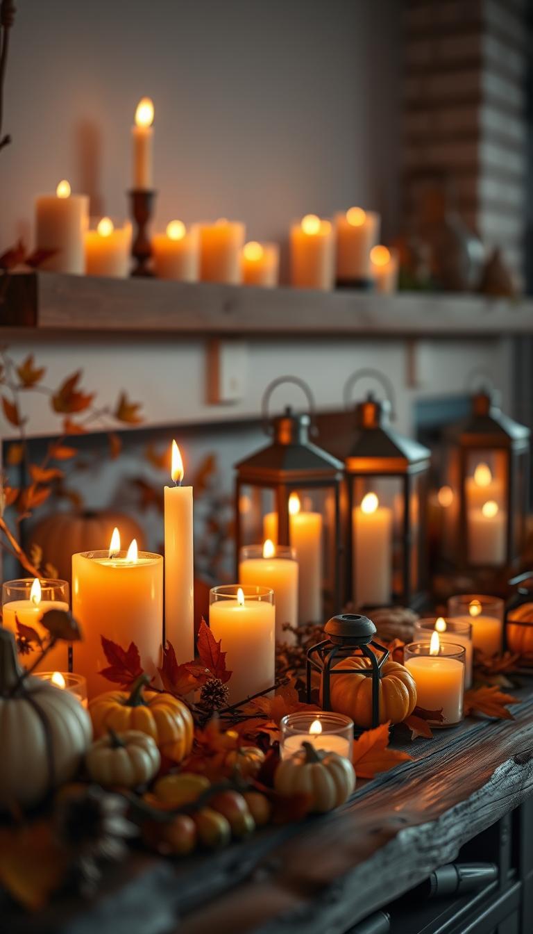 A cozy fall mantel scene, adorned with an array of flickering candles in varied heights and warm tones, casting soft, inviting light. In the foreground, rustic wooden elements blend harmoniously with seasonal decorations—small pumpkins and delicate autumn leaves. The middle ground features a collection of lanterns, some with warm glowing light and others softly illuminated by candlelight, creating a magical ambiance. In the background, a softly blurred fireplace hints at warmth with glowing embers, enhancing the overall cozy feel. The overall color palette should reflect autumn hues: deep oranges, mellow yellows, and earthy browns. Capture this scene in high definition with soft, diffused lighting to evoke a tranquil and inviting mood, perfect for cozy fall nights.