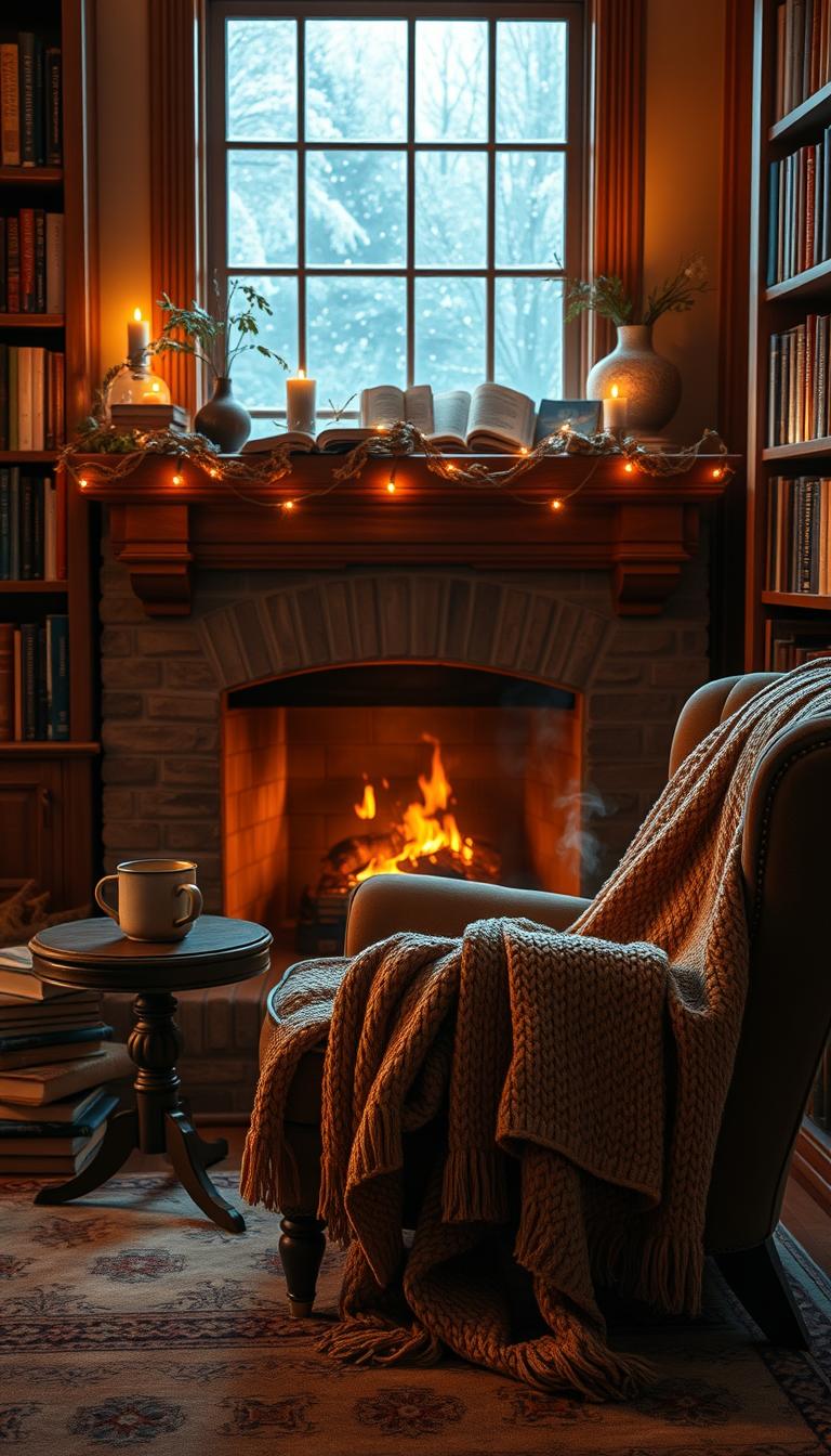 A cozy fireplace reading nook, featuring a plush armchair draped with a soft knit blanket in warm earth tones. A small, ornate side table holds a steaming mug of tea and a stack of well-worn books. The fireplace is crackling with flames, surrounded by tasteful, rustic mantel décor. In the background, warm ambient lighting casts a golden hue throughout the room, highlighting the bookshelves filled with various titles. A large window reveals a soft snowfall outside, adding to the serene atmosphere. Shot from a slightly elevated angle, emphasizing the inviting nature of the space, capturing the warmth and tranquility suited for a dedicated book lover's retreat. Photorealistic with high definition, no text or overlays. A cozy fireplace reading nook, featuring a plush armchair draped with a soft knit blanket in warm earth tones. A small, ornate side table holds a steaming mug of tea and a stack of well-worn books. The fireplace is crackling with flames, surrounded by tasteful, rustic mantel décor. In the background, warm ambient lighting casts a golden hue throughout the room, highlighting the bookshelves filled with various titles. A large window reveals a soft snowfall outside, adding to the serene atmosphere. Shot from a slightly elevated angle, emphasizing the inviting nature of the space, capturing the warmth and tranquility suited for a dedicated book lover's retreat. Photorealistic with high definition, no text or overlays.