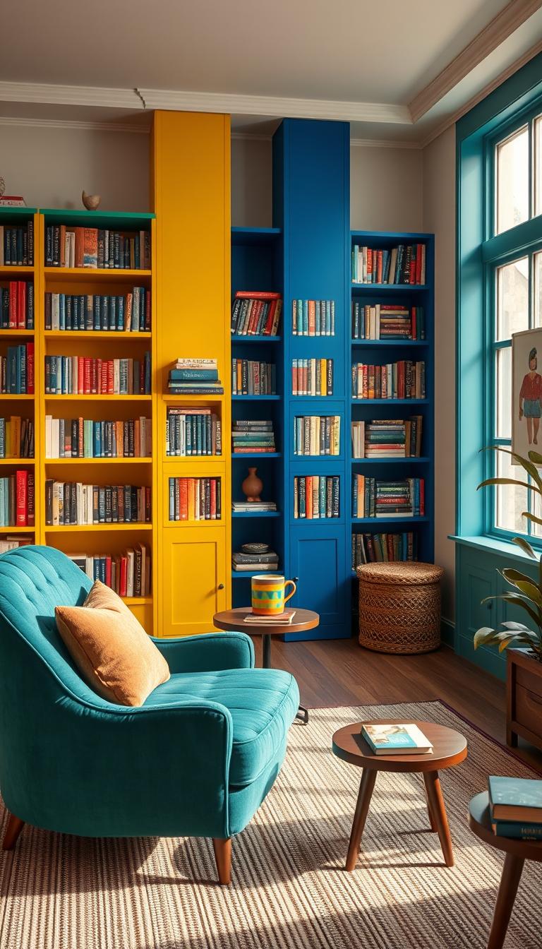 A cozy home library designed for book lovers, featuring bold contrast colors and an unconventional layout. In the foreground, a plush, vibrant armchair in deep teal, accompanied by a small round side table adorned with a colorful ceramic mug. In the middle, an eclectic blend of bookshelves painted in eye-catching hues—emerald green, sunny yellow, and royal blue—filled with books of various sizes and colors, presenting a cozy yet dynamic atmosphere. The background reveals large windows allowing soft, warm natural light to flood the space, highlighting a textured area rug and artistic wall décor. The scene is photorealistic with high definition, evoking a welcoming, inspiring environment perfect for reading and relaxation. A cozy home library designed for book lovers, featuring bold contrast colors and an unconventional layout. In the foreground, a plush, vibrant armchair in deep teal, accompanied by a small round side table adorned with a colorful ceramic mug. In the middle, an eclectic blend of bookshelves painted in eye-catching hues—emerald green, sunny yellow, and royal blue—filled with books of various sizes and colors, presenting a cozy yet dynamic atmosphere. The background reveals large windows allowing soft, warm natural light to flood the space, highlighting a textured area rug and artistic wall décor. The scene is photorealistic with high definition, evoking a welcoming, inspiring environment perfect for reading and relaxation.