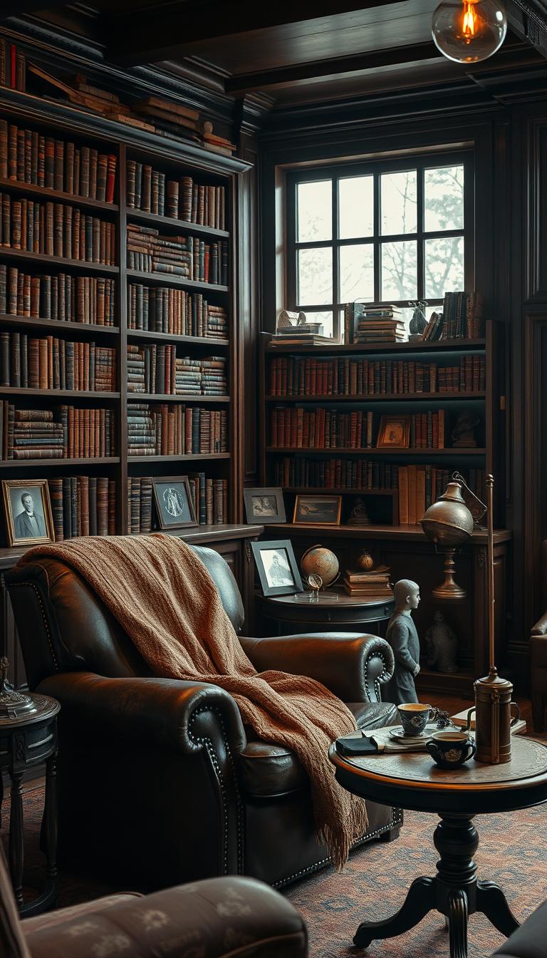 A cozy home library filled with personal collections, featuring a rich wooden bookshelf overflowing with heirloom books and vintage finds. In the foreground, a weathered leather armchair with a warm throw draped over it, next to a small table holding a steaming cup of tea and an antique magnifying glass. The middle ground displays a collection of nostalgic memorabilia: framed photographs, vintage globes, and unique bookends. The walls are adorned with dark wood paneling and soft, ambient lighting that casts a warm glow throughout the space, highlighting the textures and colors. A large window in the background allows soft natural light to filter in, enriching the inviting atmosphere of this reading haven. The scene exudes a sense of warmth, nostalgia, and charm, perfect for book lovers. A cozy home library filled with personal collections, featuring a rich wooden bookshelf overflowing with heirloom books and vintage finds. In the foreground, a weathered leather armchair with a warm throw draped over it, next to a small table holding a steaming cup of tea and an antique magnifying glass. The middle ground displays a collection of nostalgic memorabilia: framed photographs, vintage globes, and unique bookends. The walls are adorned with dark wood paneling and soft, ambient lighting that casts a warm glow throughout the space, highlighting the textures and colors. A large window in the background allows soft natural light to filter in, enriching the inviting atmosphere of this reading haven. The scene exudes a sense of warmth, nostalgia, and charm, perfect for book lovers.