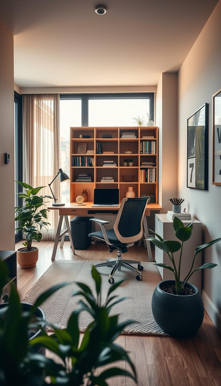 A cozy home office nook in a modern studio apartment, featuring a small desk with a sleek laptop, an ergonomic chair, and a stylish desk lamp. In the foreground, potted plants add a touch of greenery, while a soft, textured rug lies beneath the chair. The middle layer includes an open bookshelf filled with neatly organized books and decorative items. The background showcases a floor-to-ceiling window allowing warm, natural light to flood the room, enhancing the serene atmosphere. Neutral-colored walls with minimalist artwork add sophistication. The mood is calm and productive, inviting focus in a beautifully designed space. The scene is captured using a wide-angle lens for a comprehensive view, perfectly highlighting the balance between work and comfort. A cozy home office nook in a modern studio apartment, featuring a small desk with a sleek laptop, an ergonomic chair, and a stylish desk lamp. In the foreground, potted plants add a touch of greenery, while a soft, textured rug lies beneath the chair. The middle layer includes an open bookshelf filled with neatly organized books and decorative items. The background showcases a floor-to-ceiling window allowing warm, natural light to flood the room, enhancing the serene atmosphere. Neutral-colored walls with minimalist artwork add sophistication. The mood is calm and productive, inviting focus in a beautifully designed space. The scene is captured using a wide-angle lens for a comprehensive view, perfectly highlighting the balance between work and comfort.