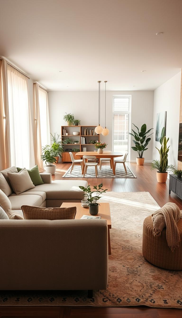 A cozy, inviting living room designed for comfort and well-being. In the foreground, a plush, neutral-colored sofa is paired with a wooden coffee table adorned with decorative books and a small potted plant. On the walls, calming pastel colors enhance the atmosphere, while natural light pours in through large windows adorned with sheer curtains. In the middle ground, a stylish area rug with subtle patterns defines the space, surrounded by tasteful, sustainable decor, such as an attractive bookshelf and green indoor plants. The background features an open layout connecting to a dining area, showcasing sleek, modern furniture from the latest Ikea catalog. The overall mood is serene and uplifting, encouraging a healthier lifestyle in home design, captured in high definition with soft, warm lighting to create an inviting ambiance.
