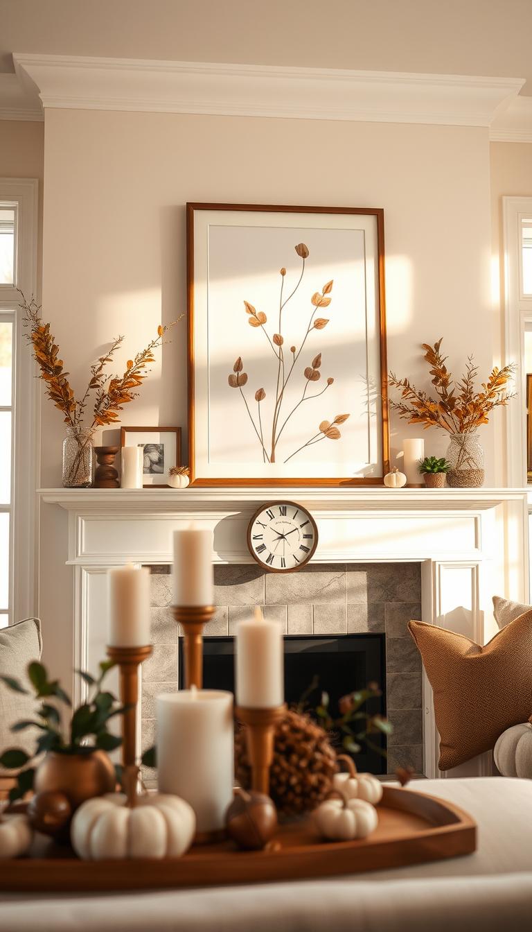 A cozy, inviting living room featuring a stylish mantel decorated harmoniously around a large piece of artwork. In the foreground, a beautifully arranged mantel showcases neutral-toned candles, small potted plants, and elegant fall-themed decor items like mini pumpkins and acorns. The middle of the scene focuses on a stunning artwork above the mantel, surrounded by subtle accents that frame it without cluttering the space, such as framed botanical prints or a sleek clock. In the background, soft, warm light filters through a window, casting gentle shadows and enhancing the serene atmosphere. The color palette consists of warm browns, soft creams, and muted golds, evoking the essence of fall while maintaining a clean and modern aesthetic. Capture this scene with a slightly elevated angle to emphasize the vertical elements and the depth of the space.