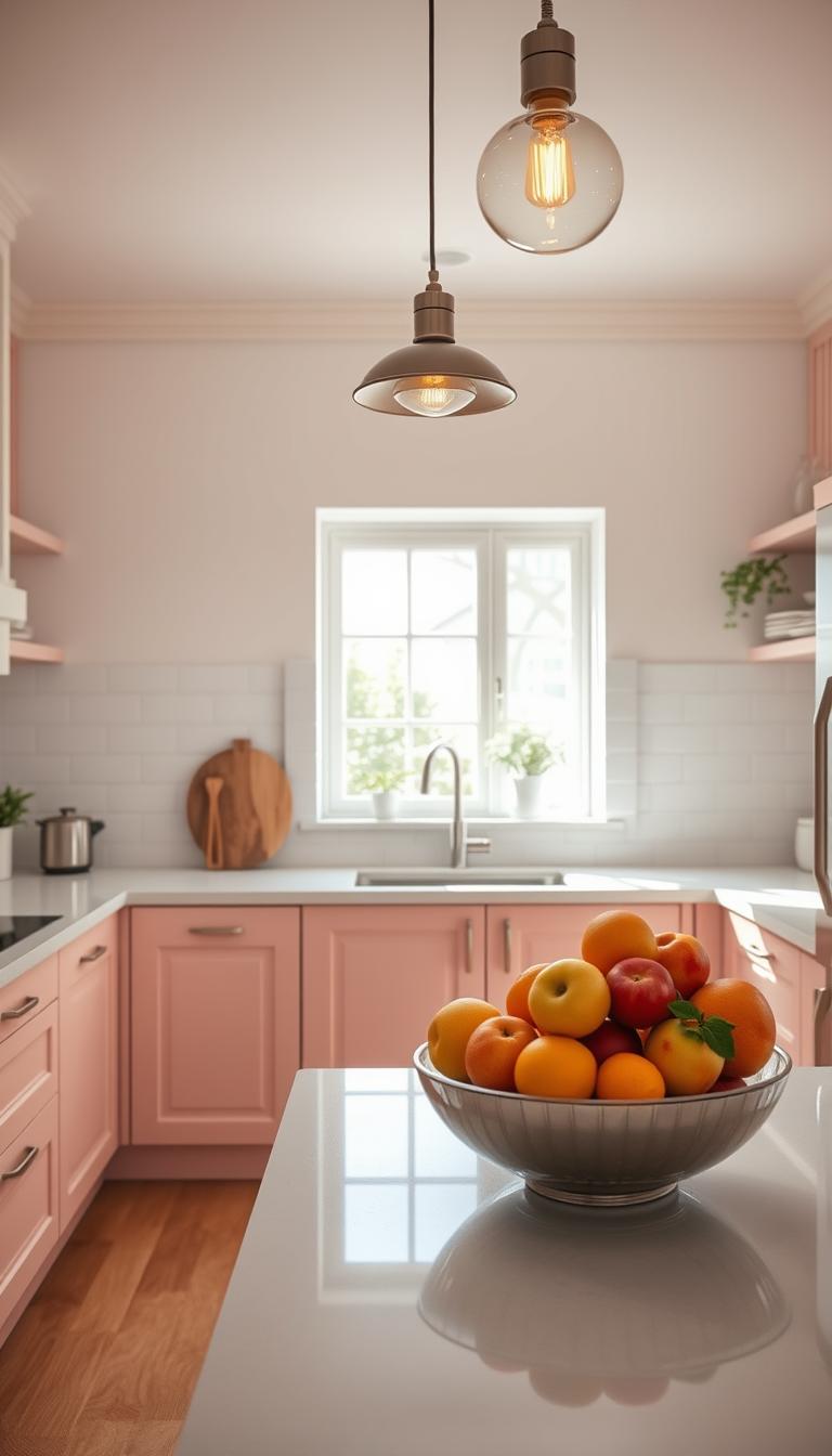 A cozy kitchen featuring soft pink cabinets that exude warmth and elegance. In the foreground, a sleek countertop showcases a stylish fruit bowl with a fresh assortment of colorful fruits. The middle layer reveals the soft pink cabinets with polished handles and graceful curves, reflecting a modern yet inviting design. Overhead, delicate pendant lights emit a warm glow, enhancing the serene atmosphere. The backdrop is adorned with whitewashed walls and minimalistic open shelving that showcases tasteful kitchenware and subtle greenery. The soft natural light filters in through a window, casting gentle shadows and illuminating the space. The overall mood is tranquil and uplifting, creating an inviting and cheerful ambiance perfect for a bright kitchen. High-definition photorealism ensures every detail is crisp and clear, emphasizing the beautiful soft pink tones. A cozy kitchen featuring soft pink cabinets that exude warmth and elegance. In the foreground, a sleek countertop showcases a stylish fruit bowl with a fresh assortment of colorful fruits. The middle layer reveals the soft pink cabinets with polished handles and graceful curves, reflecting a modern yet inviting design. Overhead, delicate pendant lights emit a warm glow, enhancing the serene atmosphere. The backdrop is adorned with whitewashed walls and minimalistic open shelving that showcases tasteful kitchenware and subtle greenery. The soft natural light filters in through a window, casting gentle shadows and illuminating the space. The overall mood is tranquil and uplifting, creating an inviting and cheerful ambiance perfect for a bright kitchen. High-definition photorealism ensures every detail is crisp and clear, emphasizing the beautiful soft pink tones.