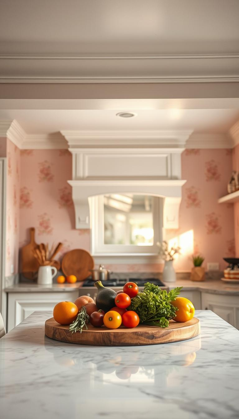 A cozy kitchen featuring soothing pastel pink wallpaper adorned with delicate floral patterns, exuding a calming ambiance. In the foreground, a rustic wooden table with fresh ingredients arranged artistically, inviting you to cook. The middle section highlights a tastefully designed ceiling painted in a soft white, with subtle moldings adding elegance. A statement marble countertop with soft grey veining serves as a beautiful contrast, enhancing the serene kitchen space. In the background, warm, natural light filters through a window, casting a gentle glow that enhances the tranquil atmosphere. The image is captured with a shallow depth of field to focus on the wallpaper and countertop details, creating a relaxing and inviting kitchen environment, perfect for culinary creativity.