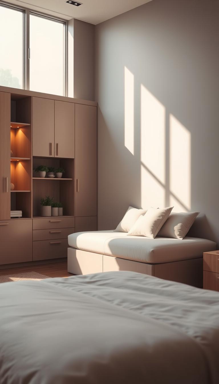 A cozy, modern bedroom showcasing a stylish murphy bed integrated into a chic wall unit, with soft, neutral colors dominating the palette. In the foreground, the murphy bed is elegantly closed, displaying a sleek design with built-in shelves and a decorative touch of greenery. The middle ground features a plush, minimalist daybed adorned with calming pastel cushions, creating an inviting space to relax. In the background, a large window lets in warm, natural light, casting soft shadows that enhance the peaceful ambiance. A subtle rug is placed on the wooden floor, adding texture. The scene captures a serene, multifunctional atmosphere perfect for maximizing small bedroom space, shot with a wide-angle lens to emphasize depth, in high definition with a focus on warmth and tranquility.