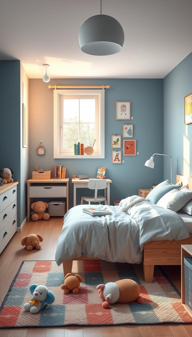 A cozy, modern child's room featuring the Ikea Aftonsparv bed in a light wood finish, complemented by soft pastel bedding. In the foreground, a colorful rug lies beneath the bed, with plush toys scattered around. The middle of the room showcases a small study area with a compact desk and chair, adorned with books and art supplies. The walls are painted in a soothing blue hue, decorated with playful, child-friendly artwork. In the background, a window allows natural light to stream in, casting warm shadows across the room. The atmosphere is cheerful and inviting, emphasizing a functional yet playful space suitable for a child's daily activities. The image is photorealistic, with high-definition details, showcasing different angles to highlight the room's layout. A cozy, modern child's room featuring the Ikea Aftonsparv bed in a light wood finish, complemented by soft pastel bedding. In the foreground, a colorful rug lies beneath the bed, with plush toys scattered around. The middle of the room showcases a small study area with a compact desk and chair, adorned with books and art supplies. The walls are painted in a soothing blue hue, decorated with playful, child-friendly artwork. In the background, a window allows natural light to stream in, casting warm shadows across the room. The atmosphere is cheerful and inviting, emphasizing a functional yet playful space suitable for a child's daily activities. The image is photorealistic, with high-definition details, showcasing different angles to highlight the room's layout.