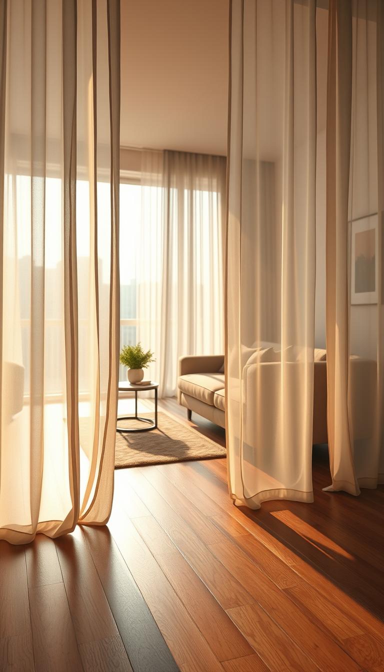A cozy, modern living space featuring elegant sheer curtains gently draped over a large window. In the foreground, the soft fabrics are billowing slightly, casting delicate shadows on the polished wooden floor. The middle ground showcases a stylish sofa and a small side table with a decorative plant, enhancing the atmosphere of flexibility and comfort. In the background, warm, natural light streams through the curtains, creating a tranquil ambiance. The room is decorated with minimalist furnishings and tasteful art on the walls, emphasizing a harmonious balance between openness and privacy. The scene evokes a sense of serenity and stylish living, ideal for an innovative studio divider solution. Photorealistic, with sharp focus and warm lighting, captured from a slightly elevated angle to highlight the depth and separation created by the curtains.