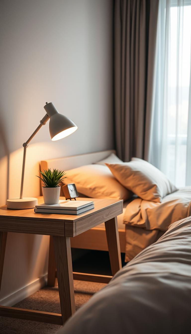 A cozy modern nightstand desk designed for a serene office bedroom. In the foreground, a sleek, minimalist nightstand desk made of light wood with clean lines, adorned with a stylish desk lamp casting soft, warm light. A small potted plant adds a fresh touch, while a neatly stacked book and a minimalist clock complete the setup. In the middle ground, the room features a plush bed with neutral bedding, providing a restful atmosphere. The background reveals soft, diffused natural light filtering through sheer curtains, creating an inviting and peaceful ambiance. The overall mood is productive yet calming, ideal for a retreat-like workspace. The image is captured in high-definition with a slight depth of field, emphasizing the desk while softly blurring the surrounding elements.