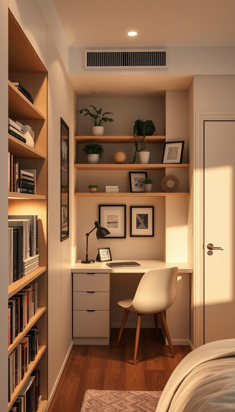 A cozy, modern small bedroom featuring innovative built-in storage solutions integrated seamlessly into the walls. In the foreground, a sleek bookshelf filled with neatly arranged books and decorative items. The middle section includes a compact workspace with a stylish desk and chair that utilizes vertical storage above for organization. Wall-mounted shelves display potted plants and framed artwork, enhancing the decor without overwhelming the space. The background showcases soft, ambient lighting that creates a calming atmosphere, casting gentle shadows. Warm, neutral colors dominate the palette, with hints of greenery. The scene is shot from a slightly elevated angle, providing a broad view of the room's layout while emphasizing functionality and tranquility in design.