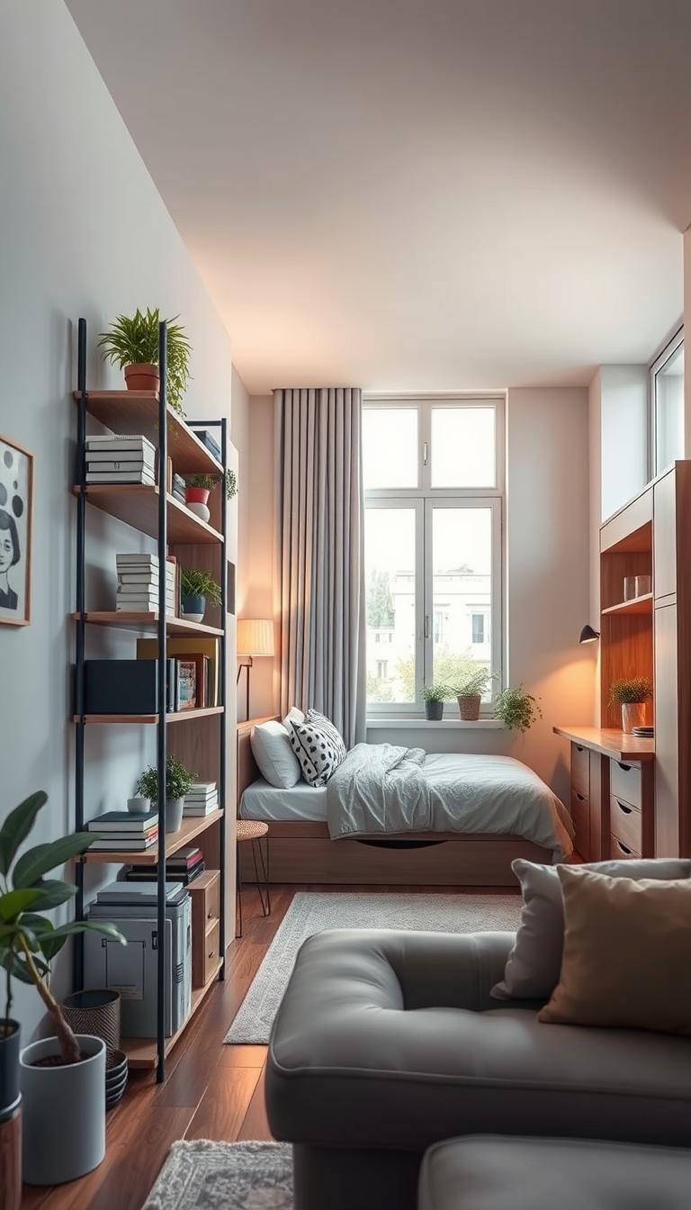 A cozy, modern studio apartment featuring innovative storage solutions, designed to maximize space and functionality. In the foreground, a stylish, multi-functional shelving unit against the wall illustrates vertical storage, filled with neatly arranged books, plants, and decorative items. The middle ground showcases a cleverly designed bed that folds into the wall, alongside a compact desk area with hidden drawers. In the background, large windows let in bright, natural light, illuminating the soft, neutral color palette of the room. The atmosphere is warm and inviting, reflecting a smart, organized living space. The image is captured with a wide-angle lens to emphasize openness and efficiency, ensuring a photorealistic and high-definition quality. A cozy, modern studio apartment featuring innovative storage solutions, designed to maximize space and functionality. In the foreground, a stylish, multi-functional shelving unit against the wall illustrates vertical storage, filled with neatly arranged books, plants, and decorative items. The middle ground showcases a cleverly designed bed that folds into the wall, alongside a compact desk area with hidden drawers. In the background, large windows let in bright, natural light, illuminating the soft, neutral color palette of the room. The atmosphere is warm and inviting, reflecting a smart, organized living space. The image is captured with a wide-angle lens to emphasize openness and efficiency, ensuring a photorealistic and high-definition quality.