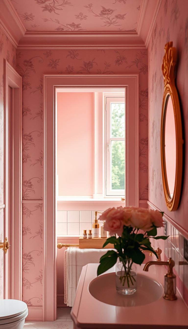 A cozy pink bathroom interior featuring walls adorned with soft pastel floral wallpaper in a subtle pattern. The foreground showcases a styled vanity with elegant details, including decorative soap dispensers and fresh flowers in a vase. In the middle ground, a beautifully painted wall exhibits a gentle pink tone paired with smooth plaster accents, complemented by stylish fixtures and a decorative mirror reflecting the serene atmosphere. The background reveals a window allowing natural light to filter in, creating a bright and airy feel. The scene captures a tranquil and inviting mood, perfect for relaxation. Use soft lighting to enhance the warm colors and textures, aiming for a photorealistic finish with sharp focus that highlights the intricate details. A cozy pink bathroom interior featuring walls adorned with soft pastel floral wallpaper in a subtle pattern. The foreground showcases a styled vanity with elegant details, including decorative soap dispensers and fresh flowers in a vase. In the middle ground, a beautifully painted wall exhibits a gentle pink tone paired with smooth plaster accents, complemented by stylish fixtures and a decorative mirror reflecting the serene atmosphere. The background reveals a window allowing natural light to filter in, creating a bright and airy feel. The scene captures a tranquil and inviting mood, perfect for relaxation. Use soft lighting to enhance the warm colors and textures, aiming for a photorealistic finish with sharp focus that highlights the intricate details.