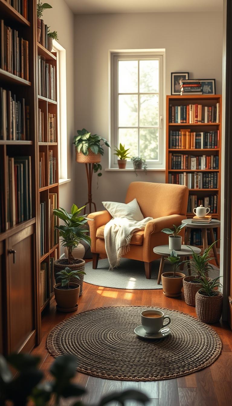 A cozy reading nook nestled in a small home library, featuring a plush armchair with an inviting throw blanket draped over it. In the foreground, a wooden bookshelf filled with a variety of books creates a warm and inviting atmosphere. Natural light streams in from a nearby window, illuminating the space with a soft glow. A small side table holds a steaming cup of tea and a pair of reading glasses. In the middle, a woven rug adds texture to the hardwood floor, while potted plants bring life to the corner. The background reveals a serene wall with a subtle, calming color. The scene is tranquil, encouraging relaxation and enjoyment of literature, captured in high-definition photorealism with a slightly blurred depth of field to enhance intimacy. A cozy reading nook nestled in a small home library, featuring a plush armchair with an inviting throw blanket draped over it. In the foreground, a wooden bookshelf filled with a variety of books creates a warm and inviting atmosphere. Natural light streams in from a nearby window, illuminating the space with a soft glow. A small side table holds a steaming cup of tea and a pair of reading glasses. In the middle, a woven rug adds texture to the hardwood floor, while potted plants bring life to the corner. The background reveals a serene wall with a subtle, calming color. The scene is tranquil, encouraging relaxation and enjoyment of literature, captured in high-definition photorealism with a slightly blurred depth of field to enhance intimacy.
