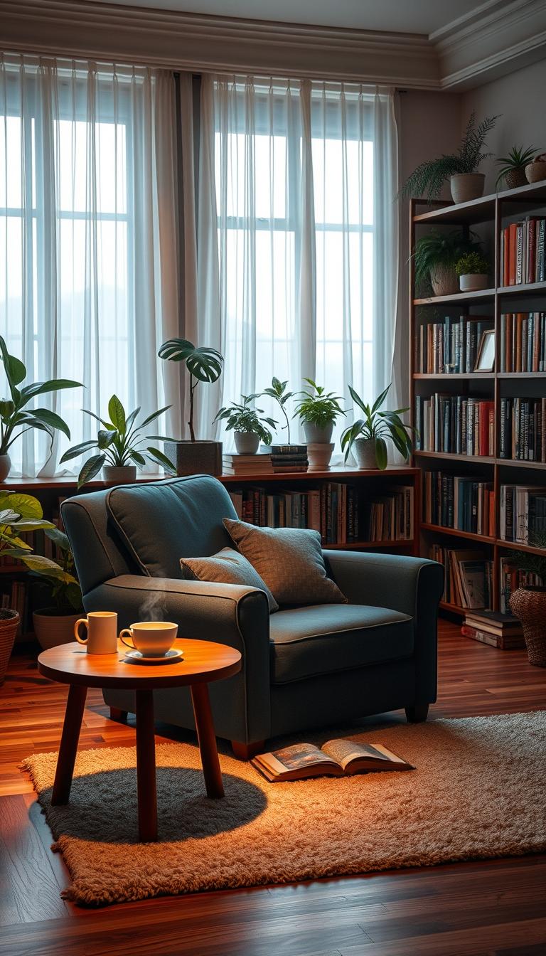 A cozy reading room filled with a harmonious blend of soothing colors and rich textures. In the foreground, a plush armchair upholstered in soft, deep blue fabric rests beside a warm, wooden side table showcasing an open book and a steaming cup of tea. The middle ground features a wall lined with bookshelves overflowing with various genres, adorned with decorative plants adding a touch of greenery. Large windows in the background drape sheer curtains, allowing soft natural light to filter in, creating a serene ambiance. The lighting is warm and inviting, casting gentle shadows that enhance the room's tranquility. A soft area rug lies beneath, adding warmth to the hardwood floor. The overall mood is one of calm relaxation, perfect for curling up with a good book. A cozy reading room filled with a harmonious blend of soothing colors and rich textures. In the foreground, a plush armchair upholstered in soft, deep blue fabric rests beside a warm, wooden side table showcasing an open book and a steaming cup of tea. The middle ground features a wall lined with bookshelves overflowing with various genres, adorned with decorative plants adding a touch of greenery. Large windows in the background drape sheer curtains, allowing soft natural light to filter in, creating a serene ambiance. The lighting is warm and inviting, casting gentle shadows that enhance the room's tranquility. A soft area rug lies beneath, adding warmth to the hardwood floor. The overall mood is one of calm relaxation, perfect for curling up with a good book.
