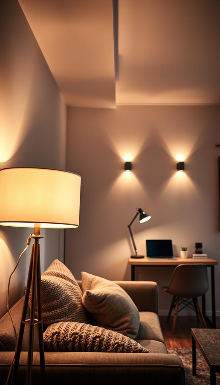 A cozy small apartment living room designed with layered lighting to create a warm and inviting atmosphere. In the foreground, a stylish floor lamp with a soft, diffused glow stands next to a chic sofa adorned with textured throw pillows. The middle layer features ambient ceiling lights suspended from a modern fixture, casting gentle illumination throughout the space. Task lighting is highlighted by a stylish desk lamp on a minimalist workspace, showcasing a laptop and a few decor pieces. The background reveals a clever use of wall sconces, adding depth and ambiance against a light-colored wall. The scene is captured with a wide-angle lens, emphasizing the stylish interplay of light and shadow, evoking a serene, functional environment perfect for relaxing or working. The overall mood is contemporary and sophisticated, with a touch of warmth.