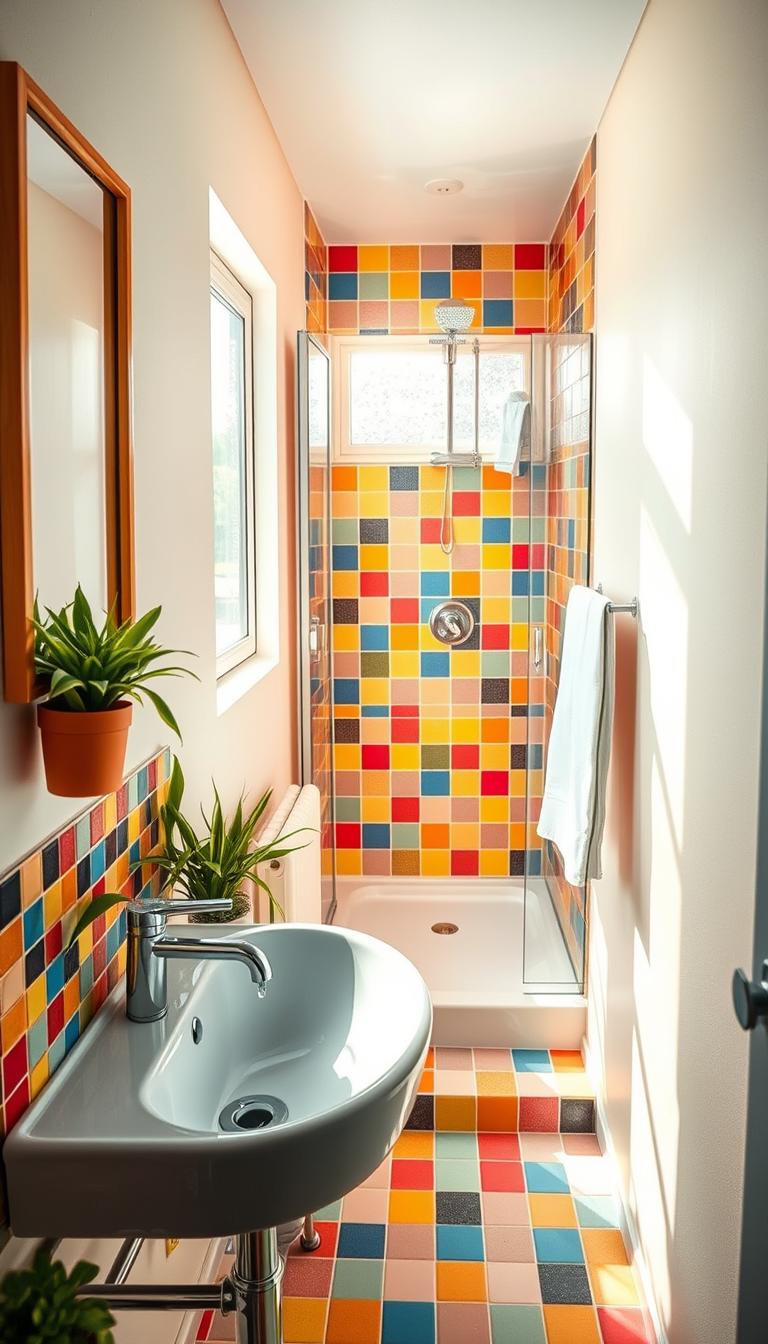 A cozy, small bathroom featuring a modern design with vibrant color schemes that create an illusion of spaciousness. The foreground showcases a stylish sink with a colorful backsplash, surrounded by decorative plants adding a fresh touch. In the middle, a bright shower area with multi-colored tiles enhances the visual appeal. The walls are painted in soft pastels, contributing to an airy feel. Natural light streams in through a frosted window, casting gentle shadows that enhance texture. A mirror reflects the lively hues, further expanding the room's depth. The atmosphere is bright and inviting, evoking a sense of warmth and creativity, ideal for a small yet chic bathroom space.