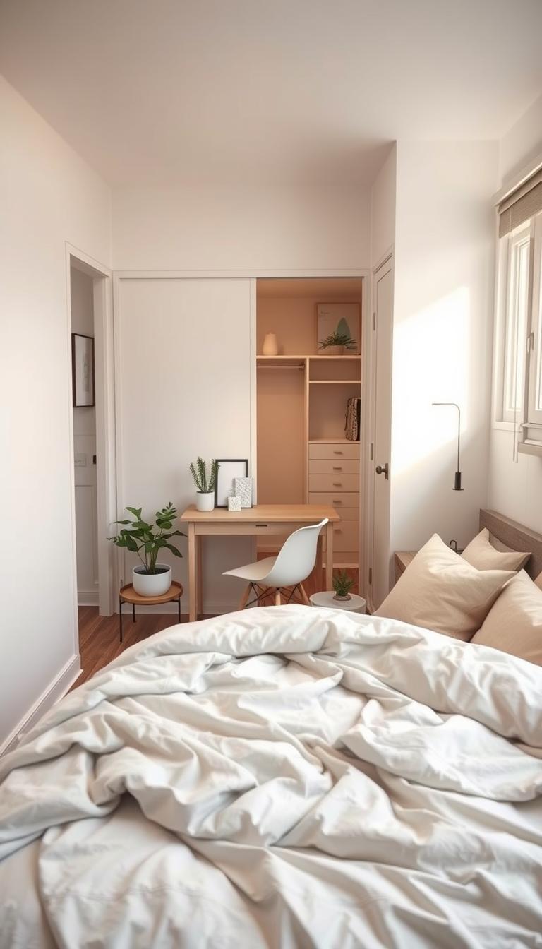 A cozy, small bedroom designed for maximizing space and creating a calming atmosphere. In the foreground, a neatly made bed with a light, airy comforter and an abundance of decorative pillows. A stylish nightstand holds a small plant and a modern lamp. The middle features a compact desk with a minimalistic design, placed under a window that lets in soft, natural light, enhancing the sense of openness. The walls are painted in soft pastel shades to evoke tranquility. In the background, a well-organized closet with sliding doors reflects the room's efficient use of space. The room is adorned with subtle greenery and minimalist decor, creating a serene, inviting environment with a warm, cozy glow. Photorealistic high definition with a slight upward angle to emphasize height.
