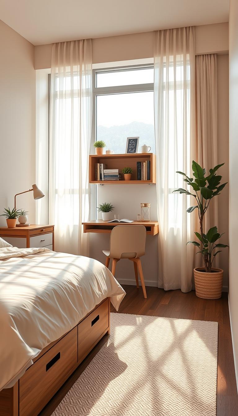 A cozy, small bedroom designed for maximizing space. In the foreground, a neatly made bed with storage drawers underneath, topped with soft, inviting linens in light pastel colors. To the left, a compact, stylish desk with a sleek chair, adorned with a few potted plants for a touch of greenery. The middle area features a floating shelf with books and decorative items, adding personality without overcrowding. The backdrop showcases a large window with sheer curtains that allow soft, natural light to flood the room, creating a warm and airy atmosphere. The walls are painted in soothing tones, enhancing the sense of space. The image should capture a sense of tranquility and well-organized charm, highlighting how thoughtful design can make a small bedroom feel larger and more inviting.