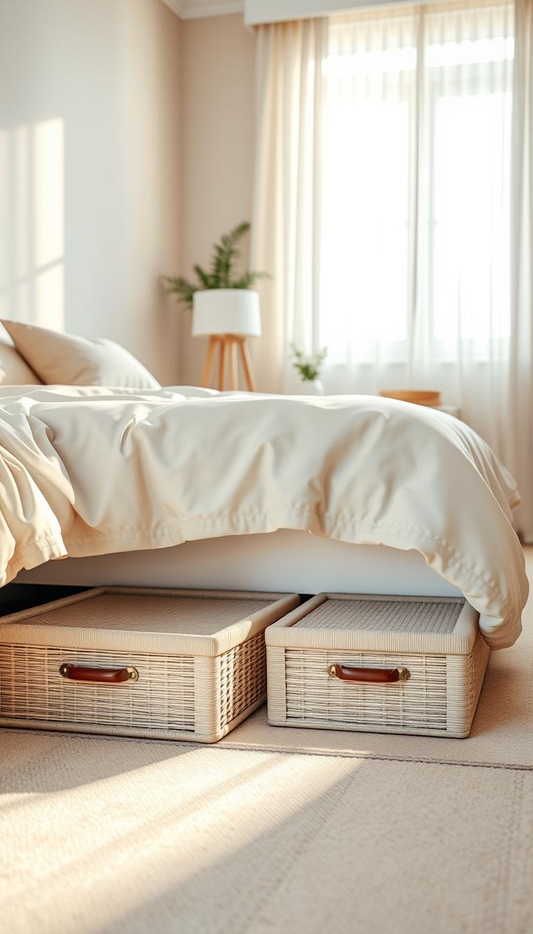 A cozy small bedroom featuring elegant under-bed storage boxes in soft pastel colors. The foreground showcases two stylish, woven storage boxes peeking out from beneath a neatly made bed with a light, airy duvet. In the middle, the room is adorned with minimalist decor: a small bedside table with a calming plant and a decorative lamp. The background reveals a softly lit window with sheer curtains, allowing gentle morning light to fill the space. The room's walls are painted in a soothing neutral tone, enhancing the tranquil atmosphere. Capture this scene with a warm, inviting glow, using a slightly angled perspective to emphasize the clever use of under-bed storage, promoting a serene and organized environment. Photorealistic, high definition.