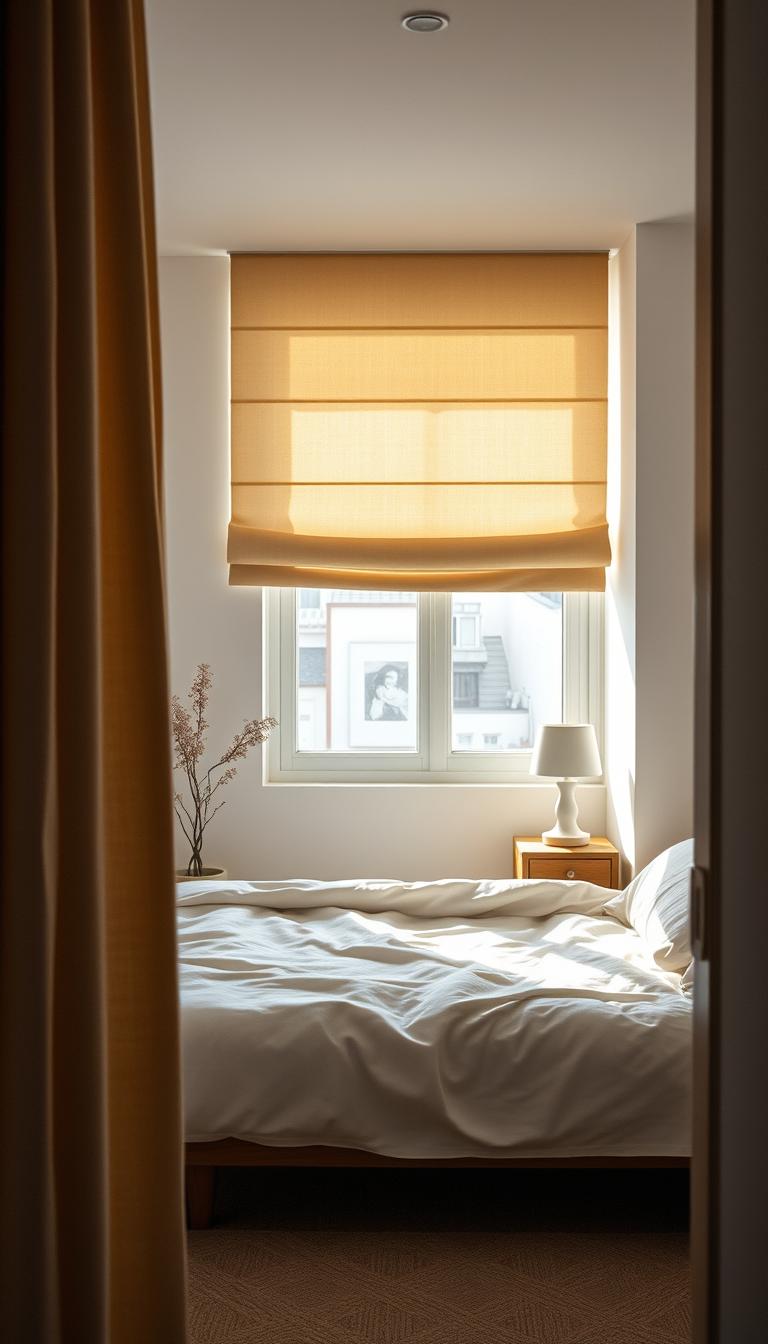 A cozy, small bedroom featuring sleek, modern roman shades meticulously installed on a tight window space. The foreground showcases the soft, fabric texture of the shades in a warm, neutral tone, gently filtering natural light. In the middle ground, a minimalist bed with plush linens and a subtle accent rug offers an inviting atmosphere, while a small bedside table complements the decor. The background reveals light and airy wall colors, accented by minimalistic artwork, creating a serene ambiance. The room is bathed in soft, diffused morning light, enhancing the peaceful mood. Capture this setup with a slightly elevated angle, simulating a photographer’s perspective to give depth and focus on the window treatment as a functional yet stylish choice for limited spaces.