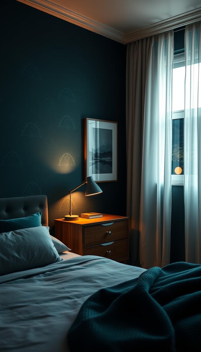 A cozy small bedroom showcasing a dark color palette, featuring rich navy and deep emerald wallpaper adorned with subtle geometric patterns. In the foreground, a neatly made bed with plush pillows and a soft, textured throw blanket complements the walls. The middle section illustrates a stylish wooden nightstand with a modern lamp casting warm, ambient light that enhances the calming atmosphere. The background includes a framed abstract art piece that balances the patterns in the room. Natural light filters through sheer curtains, adding a soft glow and creating depth. The overall mood is tranquil and sophisticated, perfect for a serene retreat. The image should be photorealistic and in high definition, allowing viewers to immerse themselves in the design details.