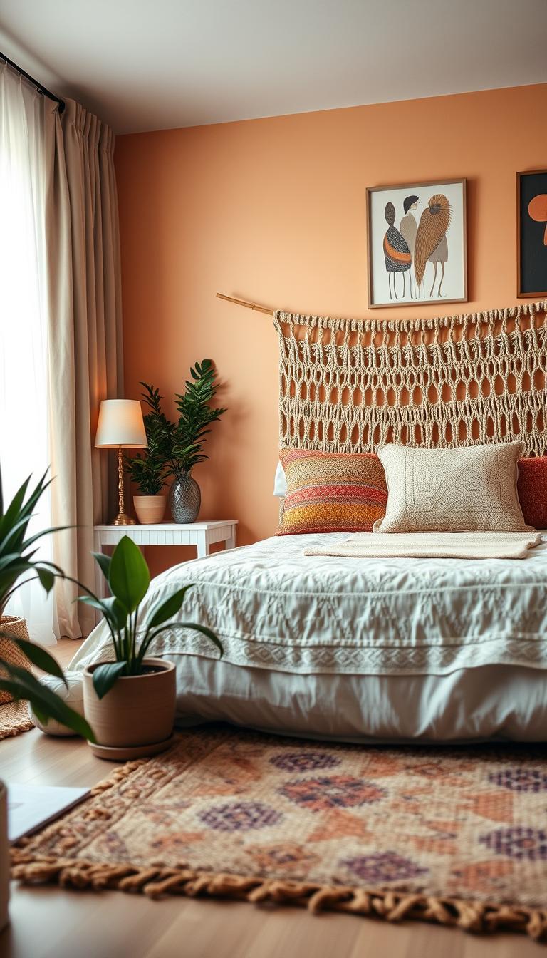 A cozy, small bedroom styled in Bohemian decor, featuring a neatly made bed with a woven macramé headboard adorned with colorful, textured throw pillows. In the foreground, a soft rug with earthy tones lies on a light wood floor, adding warmth. To the left, a trendy plant in a ceramic pot brings life, while a small bedside table holds a vintage lamp with a warm glow. In the background, soft natural light spills through a sheer curtain, illuminating the room's warm pastel walls. Artwork featuring abstract patterns decorates the walls, enhancing the boho vibe. Capture the image from a low angle, showcasing the inviting details, and create a calming, serene atmosphere perfect for a restful retreat. Photorealistic quality, high definition. A cozy, small bedroom styled in Bohemian decor, featuring a neatly made bed with a woven macramé headboard adorned with colorful, textured throw pillows. In the foreground, a soft rug with earthy tones lies on a light wood floor, adding warmth. To the left, a trendy plant in a ceramic pot brings life, while a small bedside table holds a vintage lamp with a warm glow. In the background, soft natural light spills through a sheer curtain, illuminating the room's warm pastel walls. Artwork featuring abstract patterns decorates the walls, enhancing the boho vibe. Capture the image from a low angle, showcasing the inviting details, and create a calming, serene atmosphere perfect for a restful retreat. Photorealistic quality, high definition.