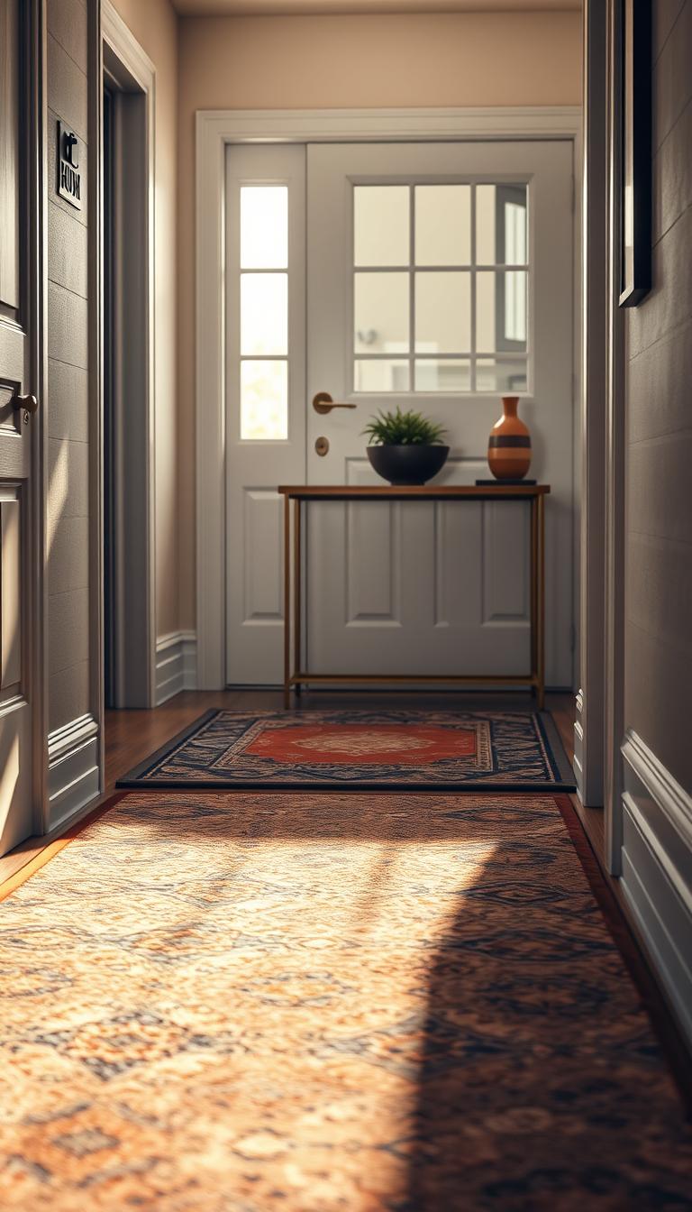 A cozy small entryway featuring a textured area rug and a stylish runner, designed to define the space. In the foreground, the intricate patterns of the rug are highlighted, showcasing rich colors like deep navy and warm rust. The middle ground includes a sleek console table with a decorative bowl and a stylish mirror above, reflecting soft, natural light. In the background, a welcoming front door with glass panels allows gentle sunlight to filter in, casting soft shadows on the floor. The atmosphere is warm and inviting, perfect for a small, stylish entryway. The scene is captured in high definition with a soft focus effect, emphasizing the elegance and warmth of home decor.