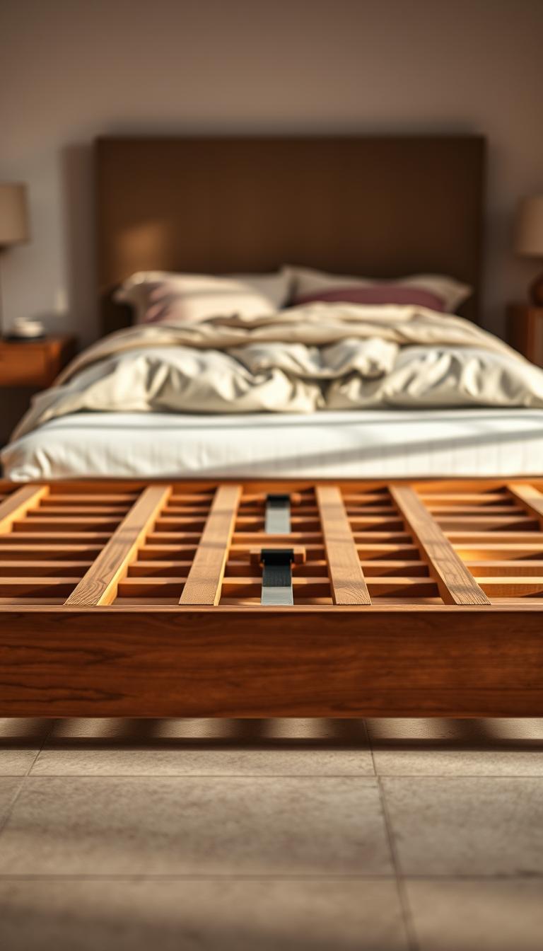 A detailed view of a slatted bed base, showcasing the intricate wooden slats arranged in a grid pattern, designed to support a queen-sized mattress. The foreground features the bed base on a clean, subtle-textured floor, with soft lighting casting gentle shadows, emphasizing the wood grain and craftsmanship. In the middle ground, a well-fitted queen mattress sits atop the slats, covered with neatly arranged bedding—soft, neutral-toned sheets and a plush comforter, adding to the cozy ambiance. The background consists of a softly blurred bedroom setting with warm, inviting colors, perhaps including a bedside table with a lamp, creating a sense of comfort and homeliness. The overall mood is serene and refined, inviting the viewer to envision the setup in their own space. The image is photorealistic, in high definition, with a focus on natural lighting.