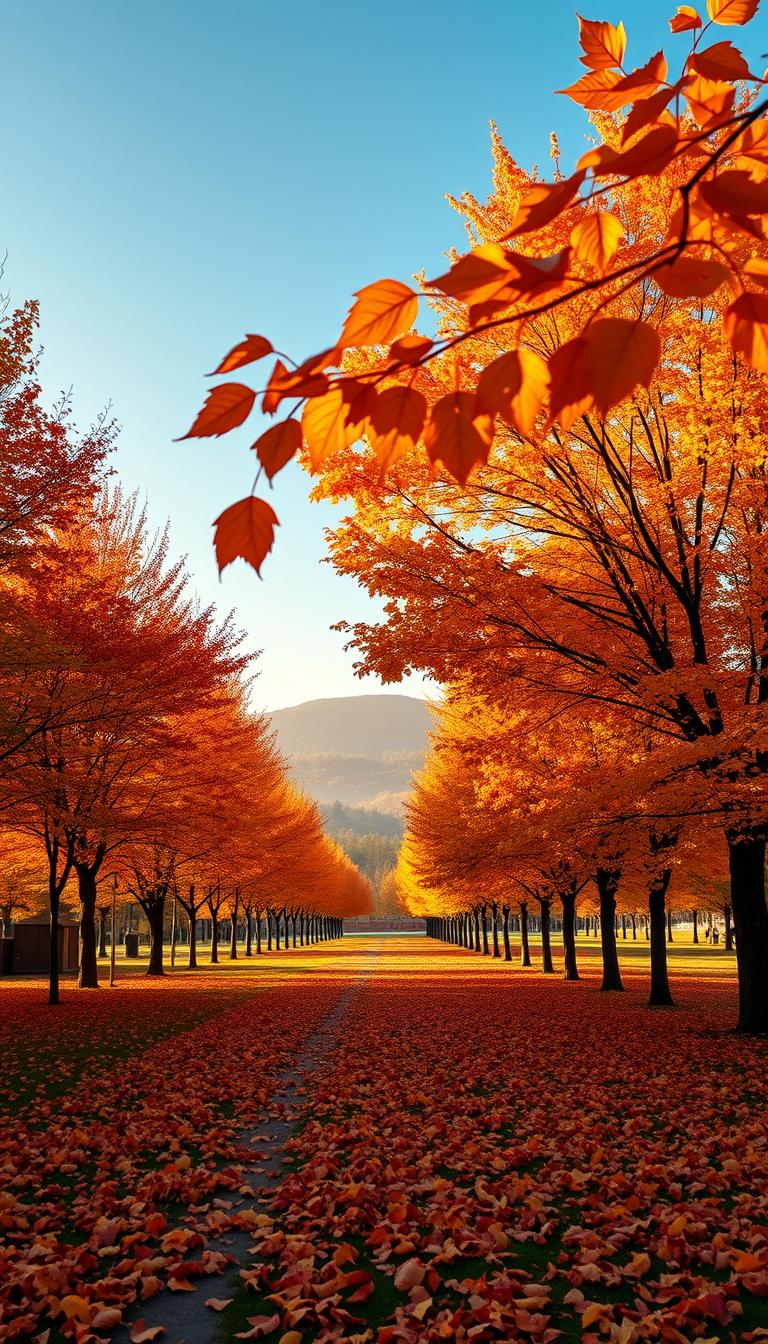 A high-definition, photorealistic iPhone lock screen featuring a stunning fall landscape. In the foreground, vibrant autumn leaves in rich shades of orange, red, and gold gently fall against a clear blue sky. The middle ground showcases a serene park path lined with colorful trees, their leaves creating a lush carpet on the ground. In the background, soft, hazy hills fade into the distance, enveloped in a golden morning light. The atmosphere is warm and inviting, evoking a sense of coziness and the beauty of the fall season. The image captures the essence of autumn perfectly, making it an ideal wallpaper for an iPhone. No text, watermarks, or logos are present, ensuring a clean and beautiful display. A high-definition, photorealistic iPhone lock screen featuring a stunning fall landscape. In the foreground, vibrant autumn leaves in rich shades of orange, red, and gold gently fall against a clear blue sky. The middle ground showcases a serene park path lined with colorful trees, their leaves creating a lush carpet on the ground. In the background, soft, hazy hills fade into the distance, enveloped in a golden morning light. The atmosphere is warm and inviting, evoking a sense of coziness and the beauty of the fall season. The image captures the essence of autumn perfectly, making it an ideal wallpaper for an iPhone. No text, watermarks, or logos are present, ensuring a clean and beautiful display.