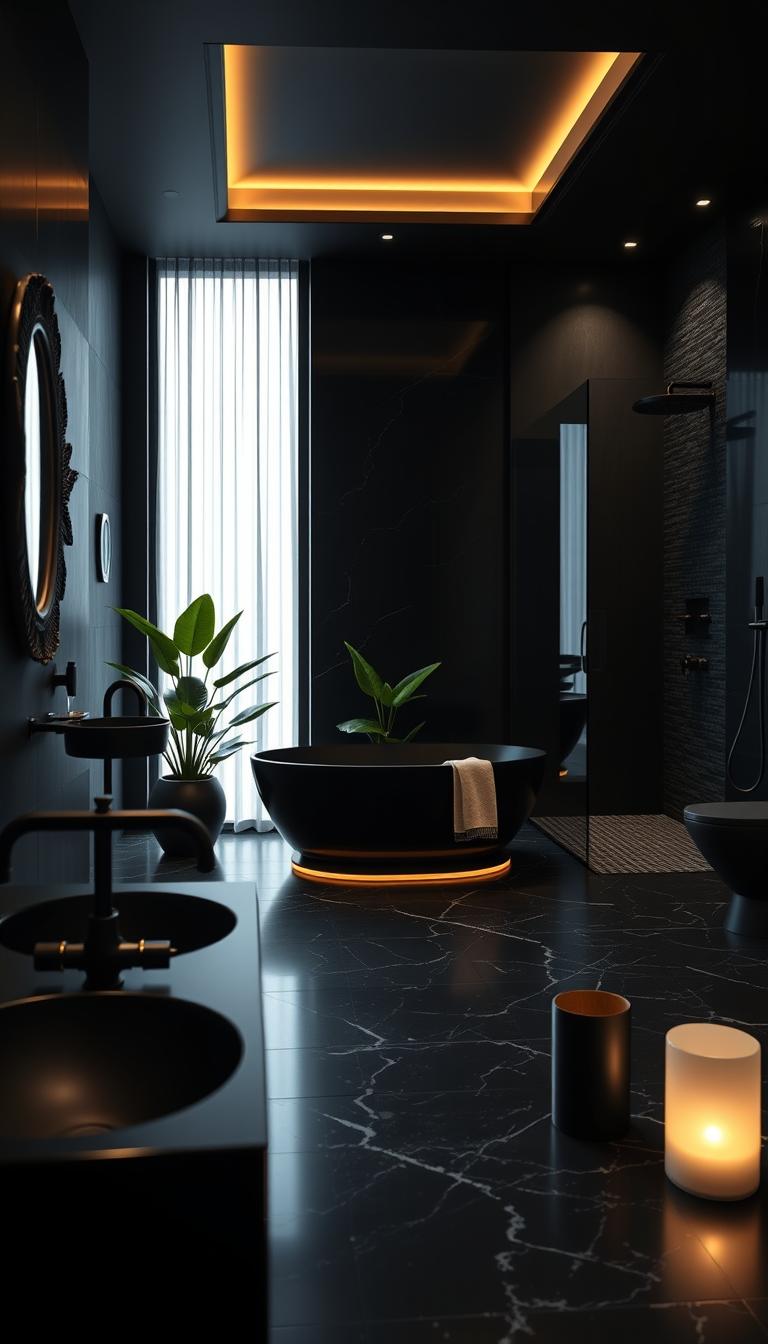 A luxurious all-black spa-like bathroom, featuring sleek black marble flooring and walls, with a freestanding black bathtub in the center. The foreground showcases elegant black fixtures and minimalist decor, including an ornate black-framed mirror and ambient LED lighting that casts a warm glow. In the middle, a large window admits soft natural light, accentuating the room's serene atmosphere, while strategically placed plants add a touch of greenery against the dark backdrop. The background reveals a spacious walk-in shower with a rainfall showerhead and textured black tile. The overall mood is tranquil and sophisticated, evoking a sense of retreat and relaxation, captured in high-definition photorealism with a soft-focus lens to emphasize the peaceful ambiance. A luxurious all-black spa-like bathroom, featuring sleek black marble flooring and walls, with a freestanding black bathtub in the center. The foreground showcases elegant black fixtures and minimalist decor, including an ornate black-framed mirror and ambient LED lighting that casts a warm glow. In the middle, a large window admits soft natural light, accentuating the room's serene atmosphere, while strategically placed plants add a touch of greenery against the dark backdrop. The background reveals a spacious walk-in shower with a rainfall showerhead and textured black tile. The overall mood is tranquil and sophisticated, evoking a sense of retreat and relaxation, captured in high-definition photorealism with a soft-focus lens to emphasize the peaceful ambiance.