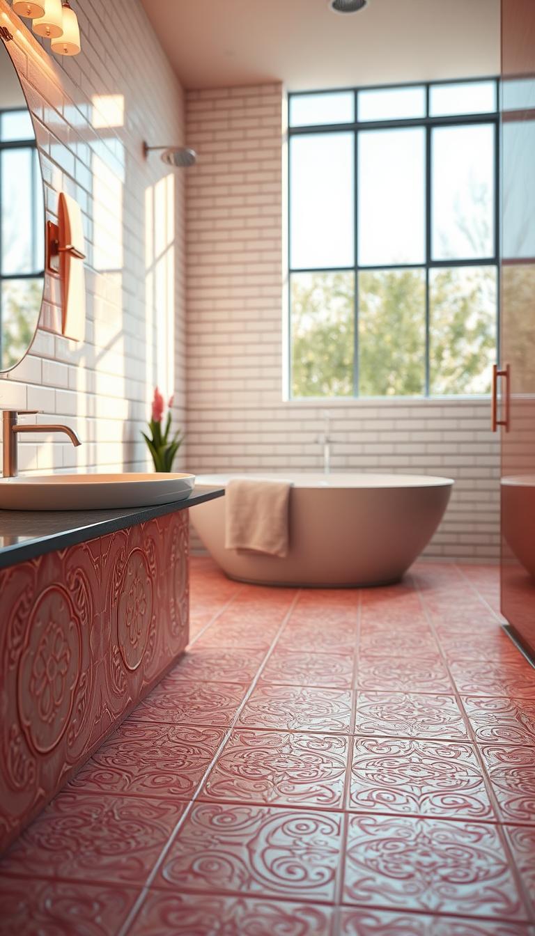 A luxurious bathroom featuring an array of stunning tiles that showcase their unique textures and colors. In the foreground, a close-up view of elegant pink Zellige tiles, each one hand-crafted with intricate detailing, glimmers softly under ambient lighting. The middle layer reveals classic white subway tiles arranged artfully on the walls, reflecting light to highlight their glossy finish. In the background, a serene atmosphere is created with large windows allowing natural light to flood in, casting gentle shadows. The overall setting is warm and inviting, enhancing the tranquil retreat mood of the space. This photorealistic image captures the beauty of tiles in a modern bathroom design, with high-definition clarity and rich, vibrant tones. A luxurious bathroom featuring an array of stunning tiles that showcase their unique textures and colors. In the foreground, a close-up view of elegant pink Zellige tiles, each one hand-crafted with intricate detailing, glimmers softly under ambient lighting. The middle layer reveals classic white subway tiles arranged artfully on the walls, reflecting light to highlight their glossy finish. In the background, a serene atmosphere is created with large windows allowing natural light to flood in, casting gentle shadows. The overall setting is warm and inviting, enhancing the tranquil retreat mood of the space. This photorealistic image captures the beauty of tiles in a modern bathroom design, with high-definition clarity and rich, vibrant tones.