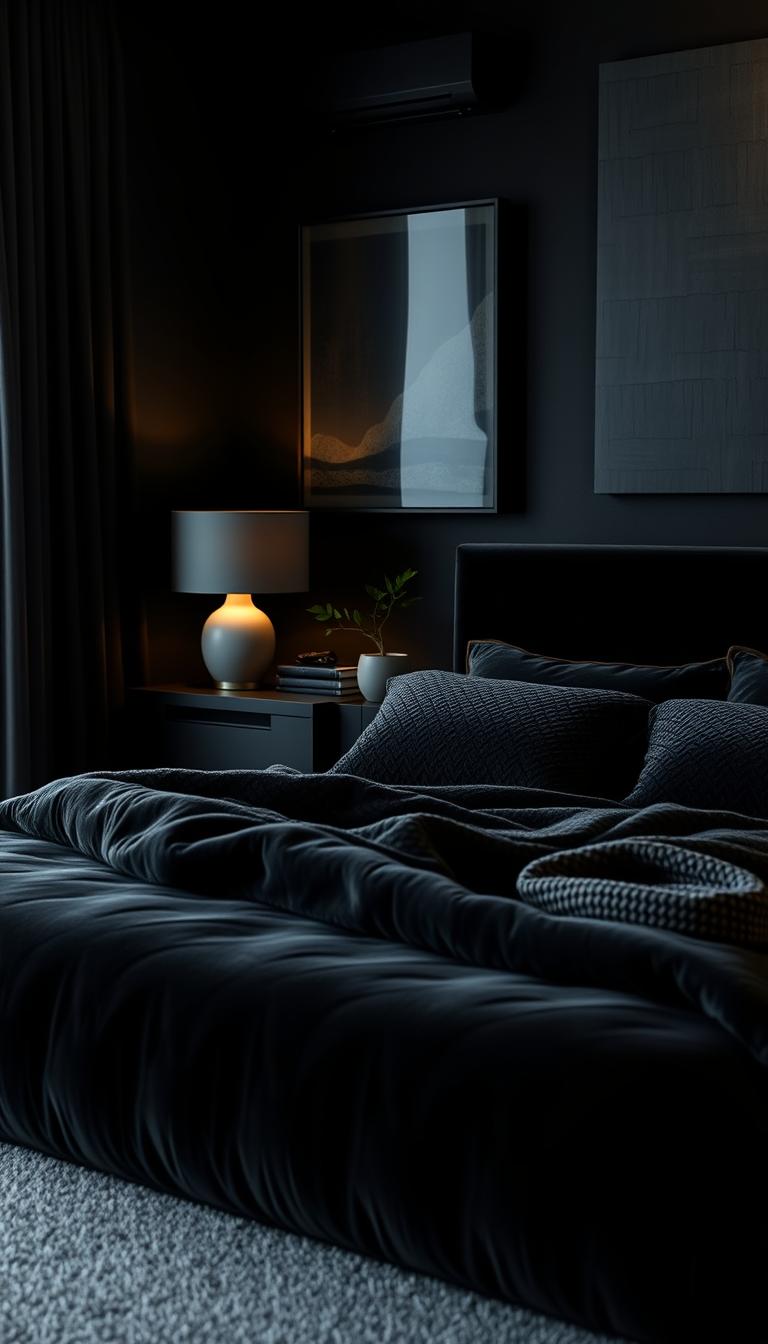 A luxurious black bedroom, showcasing a texture-driven design. In the foreground, a plush black velvet bed with intricately textured pillows and a soft woolen throw draped casually. The middle ground reveals a sleek, minimalist nightstand made of matte black wood, adorned with a modern lamp casting a warm, inviting glow. On the nightstand, a small potted plant adds a hint of life. The background features a dramatic black wall with a subtle textured pattern and an abstract piece of art in darker hues, creating a sophisticated focal point. Soft, diffused lighting emanates from a large window draped in sheer black curtains, setting a serene, restful mood. The overall atmosphere is one of elegance, comfort, and tranquility, perfect for a peaceful sleep space.