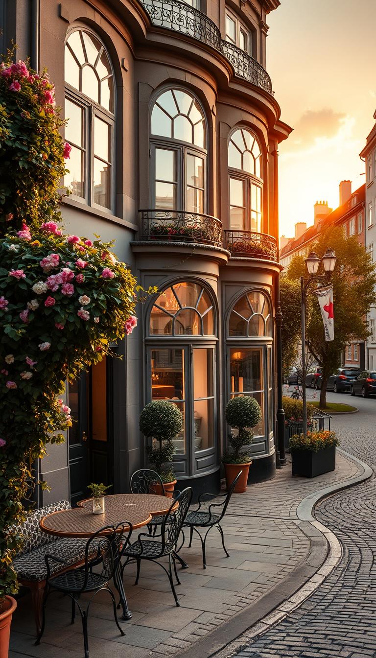 A luxurious boutique hotel in Copenhagen, showcasing a charming façade with distinctive architecture, adorned with lush greenery and blooming flowers. In the foreground, a cozy outdoor seating area with elegant wrought-iron furniture invites guests to enjoy the vibrant atmosphere. The middle ground features large, ornate windows reflecting the soft golden light of the late afternoon sun, giving a warm and inviting feel. In the background, the iconic city skyline adds to the urban charm, with cobblestone streets winding through the scene. The image captures a serene, welcoming mood, evoking a sense of comfort and sophistication. Shot with a wide-angle lens to enhance depth, the high-definition photorealistic quality showcases every detail vividly.