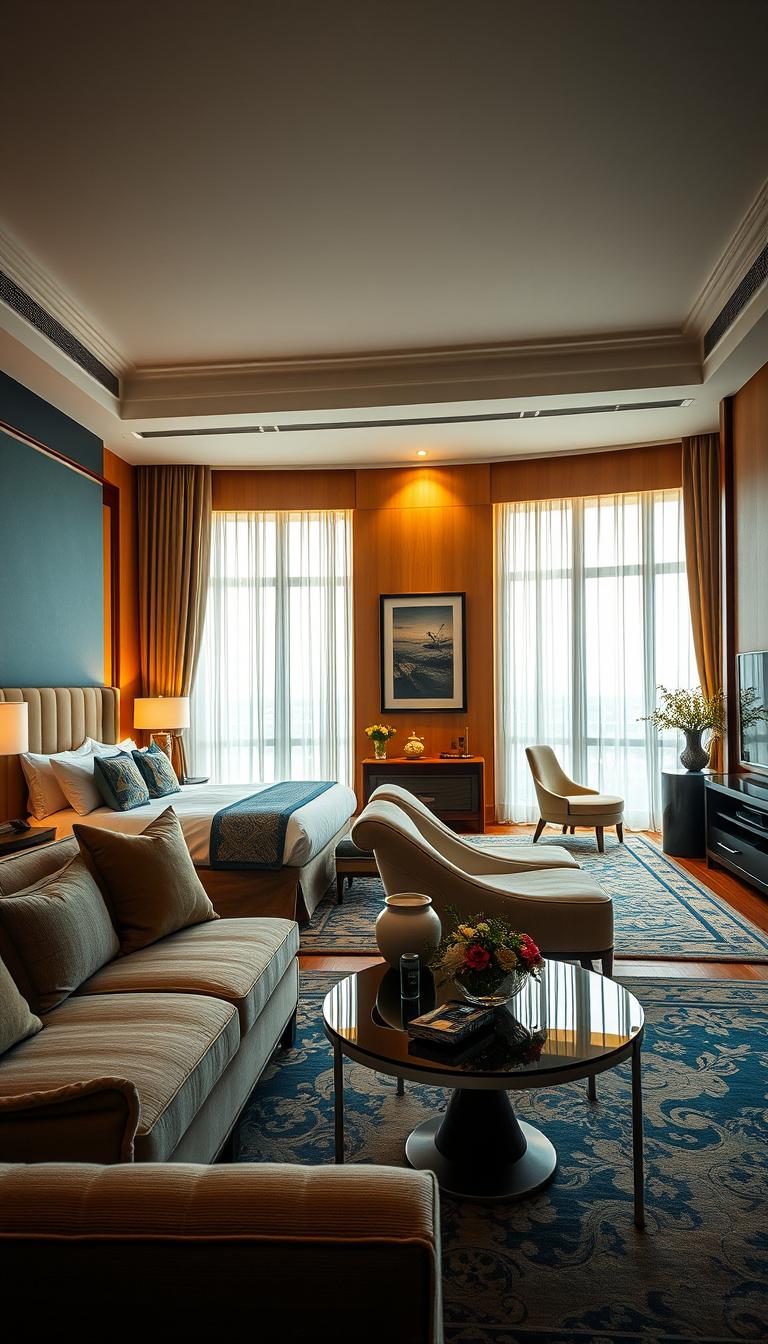 A luxurious hotel room interior at Hotel St Vincent, showing a spacious, elegantly designed space with a king-sized bed featuring plush bedding, soft throw pillows, and a stylish headboard. The foreground features a beautifully arranged seating area with a modern chaise lounge and a coffee table adorned with fresh flowers. In the middle, large windows with sheer curtains allow natural light to flood the room, illuminating warm wood tones and soothing color palettes of blues and creams. The background contains tasteful artwork and a sleek entertainment center displaying ambient lighting. The atmosphere is serene and upscale, evoking a sense of relaxation. Capture this scene with a soft focus, using a wide-angle lens to enhance depth, and achieve photorealistic detail in high definition.