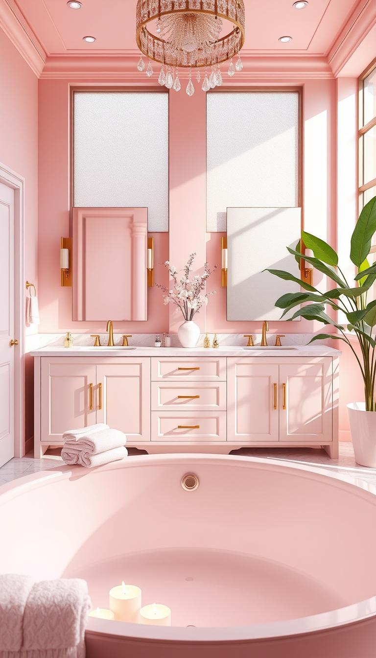 A luxurious pink bathroom adorned with elegant fixtures and high-end materials. In the foreground, a deep soaking tub surrounded by soft candlelight, with plush towels neatly arranged. The middle layer features a chic double vanity with a marble countertop, complemented by stylish mirrors and contemporary gold faucets. Pale pink accent walls create a serene atmosphere, while natural light pours in through large frosted windows, softening the space. In the background, lush green plants add a touch of freshness, and delicate decorative elements enhance the overall luxury feel. The entire scene is designed to evoke tranquility, inviting viewers into a serene retreat with a soft color palette, creating a perfect blend of sophistication and comfort. Photorealistic, high definition, bright yet warm lighting, shot from a slightly elevated angle to capture the entire space. A luxurious pink bathroom adorned with elegant fixtures and high-end materials. In the foreground, a deep soaking tub surrounded by soft candlelight, with plush towels neatly arranged. The middle layer features a chic double vanity with a marble countertop, complemented by stylish mirrors and contemporary gold faucets. Pale pink accent walls create a serene atmosphere, while natural light pours in through large frosted windows, softening the space. In the background, lush green plants add a touch of freshness, and delicate decorative elements enhance the overall luxury feel. The entire scene is designed to evoke tranquility, inviting viewers into a serene retreat with a soft color palette, creating a perfect blend of sophistication and comfort. Photorealistic, high definition, bright yet warm lighting, shot from a slightly elevated angle to capture the entire space.